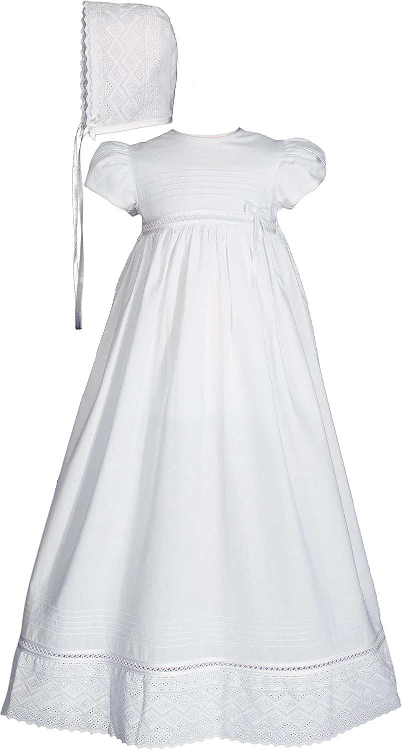 Girls 100% Cotton 30" White Baptism Christening Gown with Lace