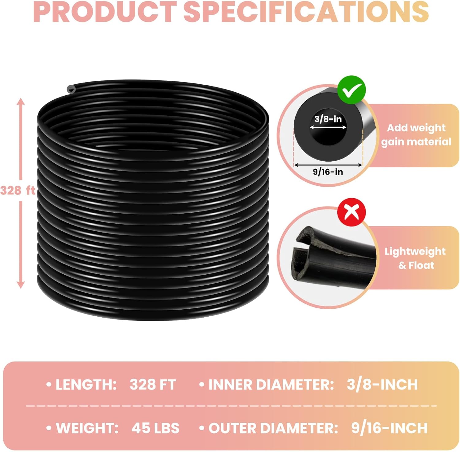 328 Feet 3/8 Inch Self Sinking Aeration Hose, Weighted Polyvinyl Chloride Pond Tubing with Clamps, Copper Hose Kit for Pond Aeration, Fish Tank, Aquarium & Aquaculture