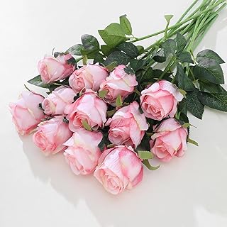 12Pcs Realistic Fake Light Pink Roses Faux Flowers with Long Stems, Artificial Silk Rose Flowers for Valentines Day Home Wedding Decor Bridal Bouquet