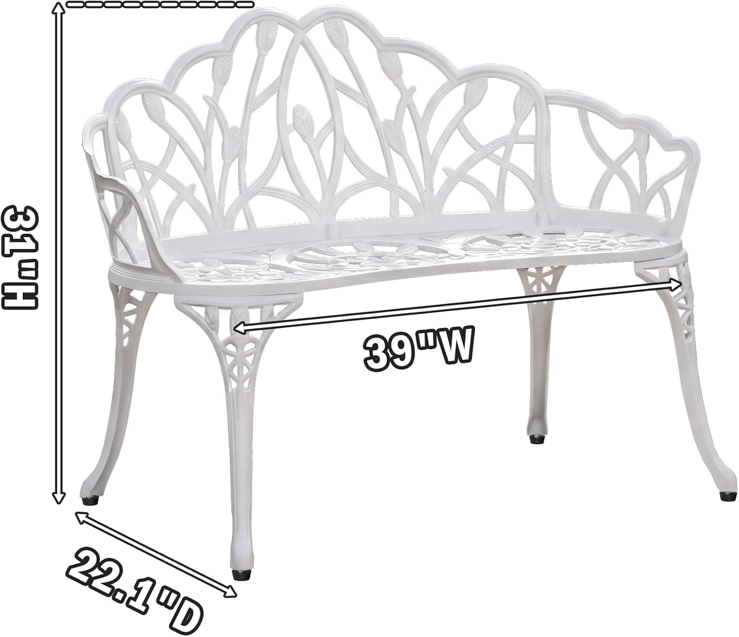 Outdoor 3-Piece Cast Aluminum Bistro Set w/Umbrella Hole and Loveseat Garden Bench, Rust-Proof Bistro Table and Chairs Set of 2, All-Weather Patio Furniture for Balcony, Backyard, White