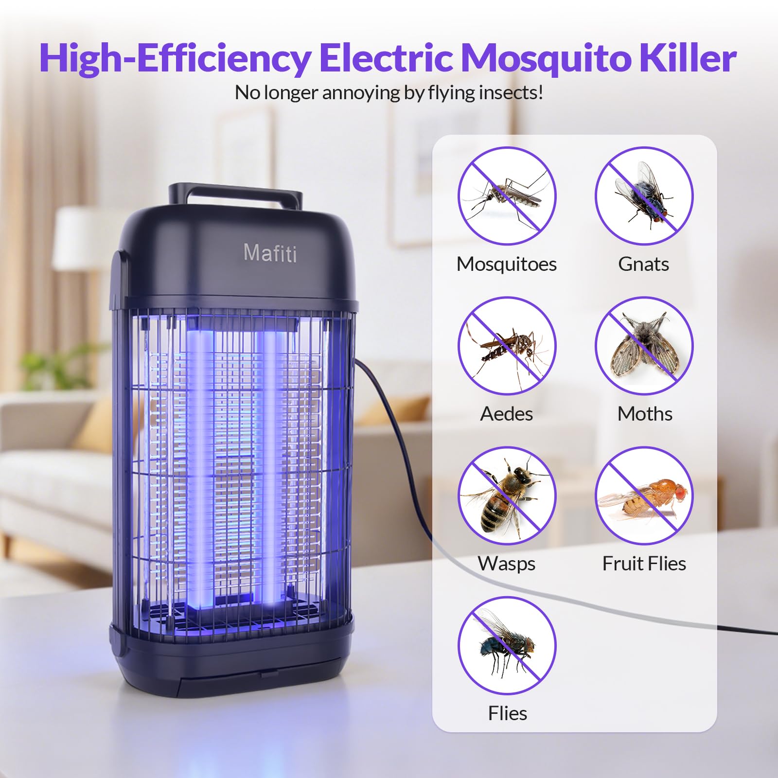 Mafiti Fly Zapper Electric Fly Killer 1200V Bug Zapper con Tubo de luz de 20W, Trampa eficaz para Moscas, Uso Interior, Control de plagas doméstica y Comercial (Negro)