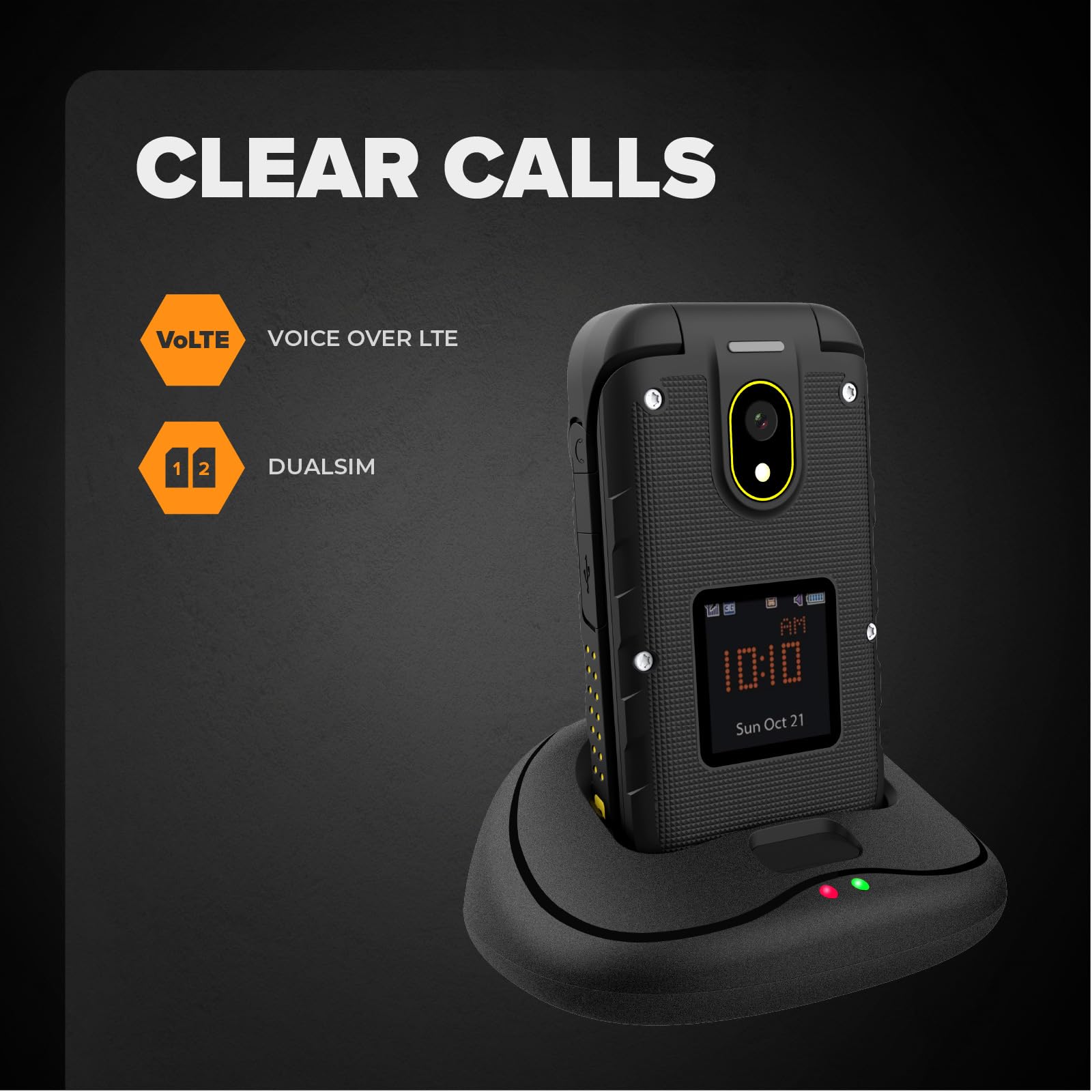 Flip Phone Hammer Dig LTE 4G Robusto Teléfono de Tapa, 2 Pantallas, simlock-Free, Dual SIM, sin Contrato, 1200 mAh, 4G/LTE, Resistente al Agua IP68
