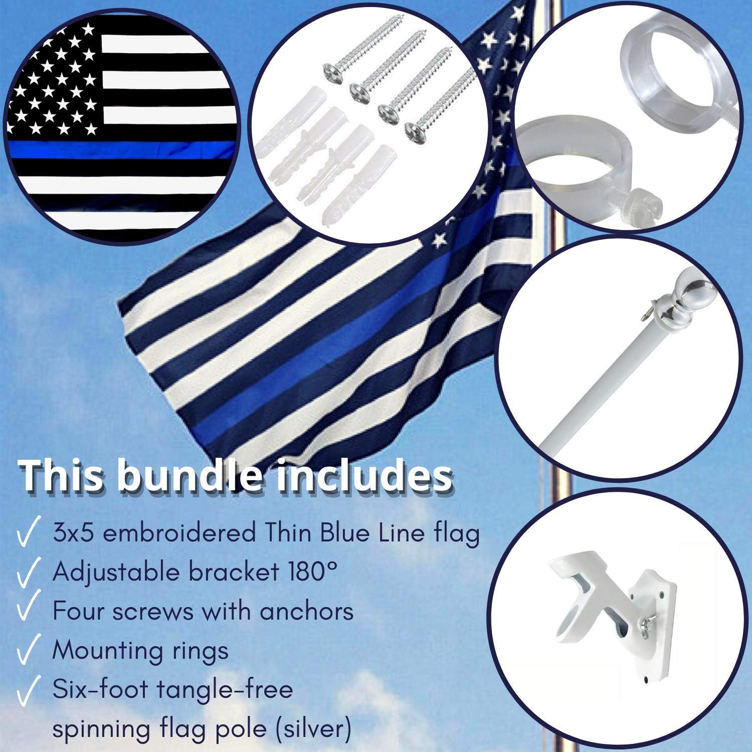 6 Feet Tangle Free Spinning Flag Pole Kit with Thin Blue Line Flag (3x5 ft) | Police Flag with Embroidered Stars | Includes White Flagpole Bracket | Rust Free and Wind Resistant