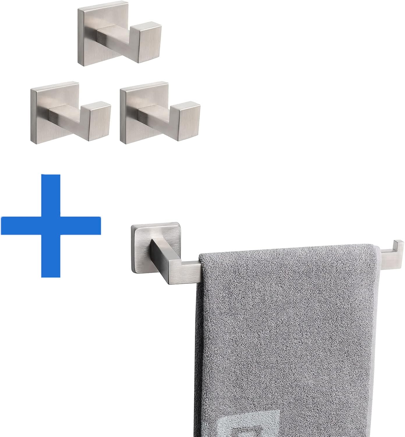 NearMoon Square Hand Towel Holder+ Bath Towel Hooks, Premium SUS304 Stainless Steel Hand Towel Bar and Square Clothes Robe Hooks Hanger Heavy Duty Wall Mounted for Bathroom/Kitchen, Brushed Nickel