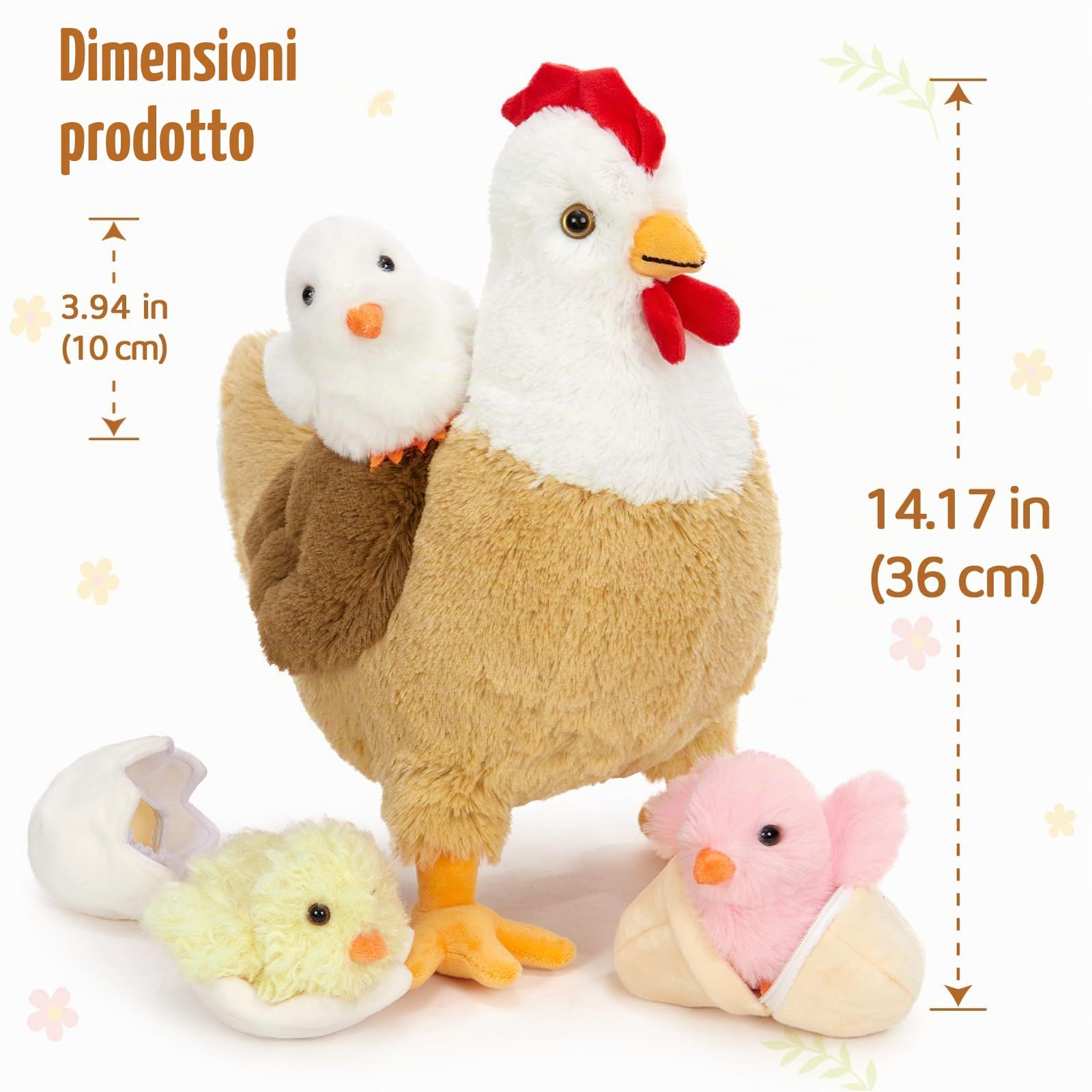 MorisMos Peluche a forma di gallina, 36 cm, con pulcini coccolosi all'interno, peluche a forma di gallina che giace a uova, peluche Kawaii soffice, regalo per bambini, decorazione di compleanno