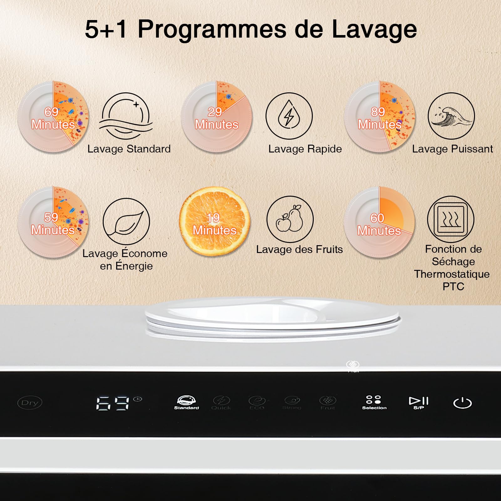 YOURLITE Mini Lave-Vaisselle de Comptoir,6 Programmes de lavage,5L | Lave Vaisselle de Table avec Grand Écran,Contrôle Tactile,3 Couverts,Double Jet 360°,pour Camping-car,APT,Dortoir,Blanc/Noir