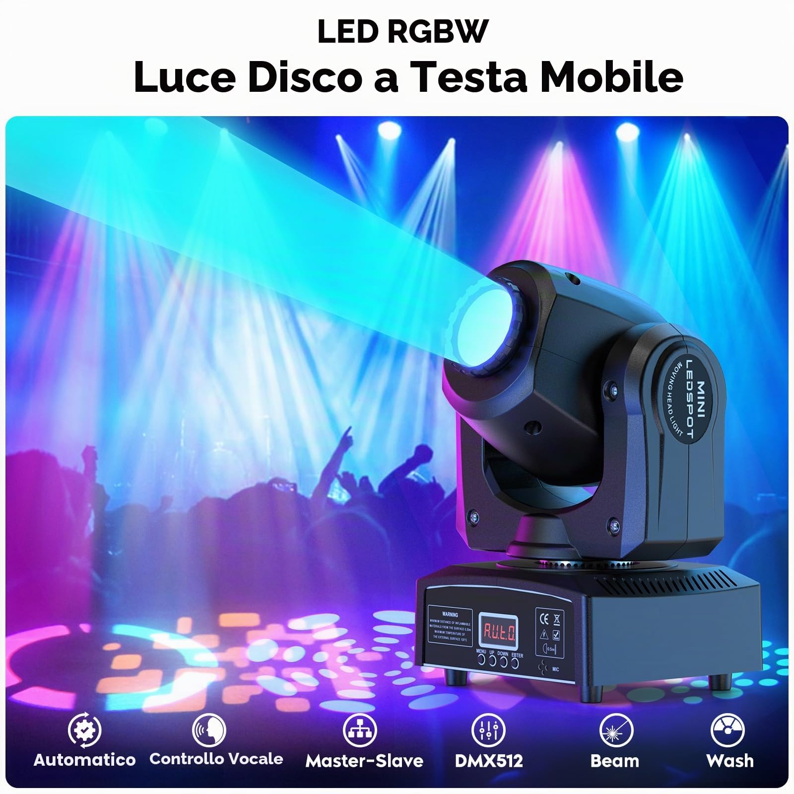 Mini 50W Testa Mobile LED RGBW Luce da Festa Palcoscenico Lampada a Spot Beam con 8 Modelli 8 Colori Effetti Luminosi Wash Focus Controllo Vocale DMX512 per KTV Bar Palchi DJ 2 pezzi