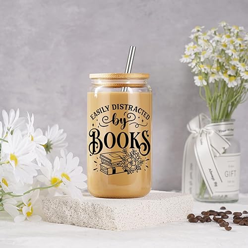 Miniatura 4 de Coolife Vasos de vidrio con temática de libro de 16 onzas con tapas y pajitas, regalos para amantes de los libros, regalos para lectores, profesores