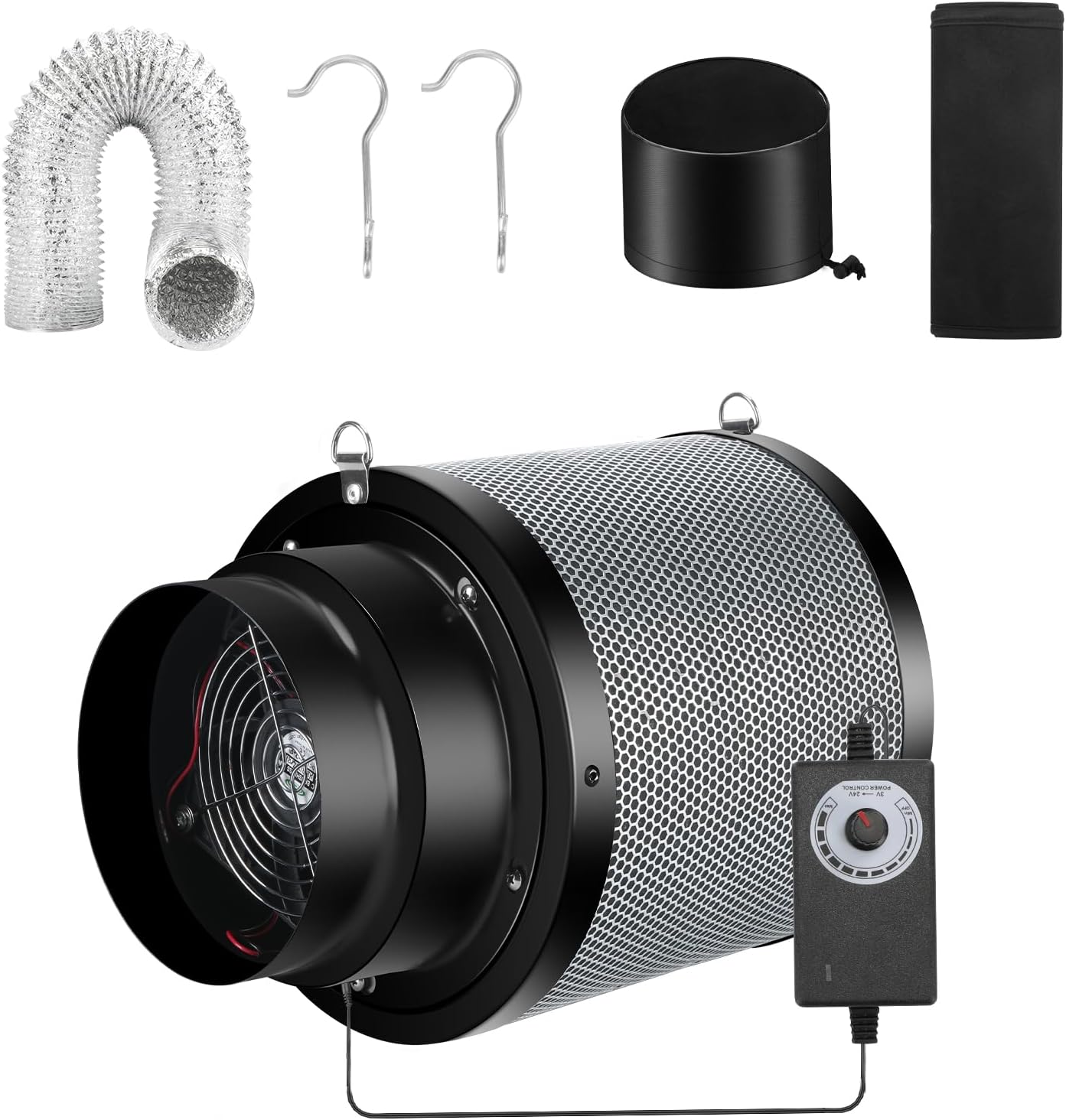 MELONFARM Air Filtration Kit 4", Built-in 14cm Fan Low Nois Carbon Filter with 12-Speed Controller, 8' Ducting & 6" Vent Cover, Cooling & Ventilation System for Grow Tents, Indoor Gardening