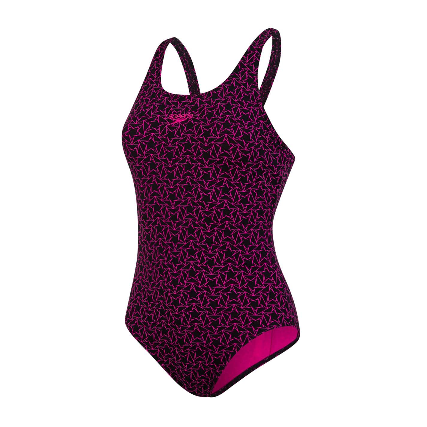Speedo Women's Boom Print Allover Muscleback Swimming Costume for Women Black/Electric Pink 18 Speedo Women's Boom Star Allover Muscleback Swimsuit