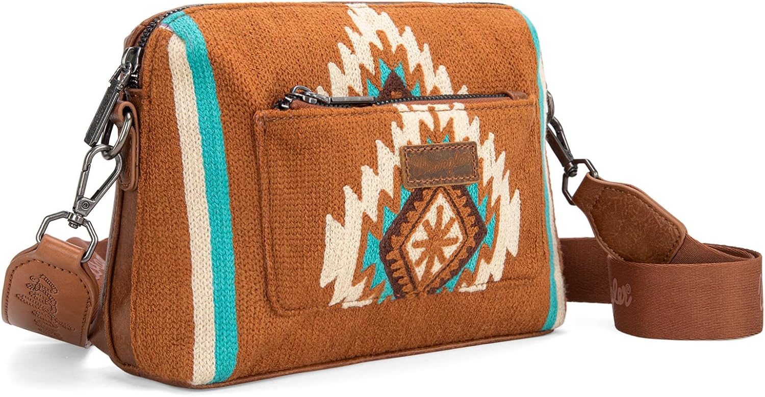 Wrangler Western Aztec Small Crossbody Bags for Women Multi Pocket Over Shoulder Crossbody Purse with Guitar Strap