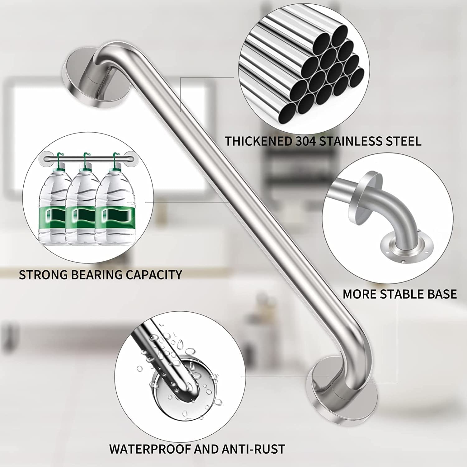 Confezione da 2 barre di presa per il bagno, da 40,5 cm, in acciaio inox nichel spazzolato, per doccia, per mancanza di vite nascosta, per il bagno, per anziani e infortuni, 226,8 kg