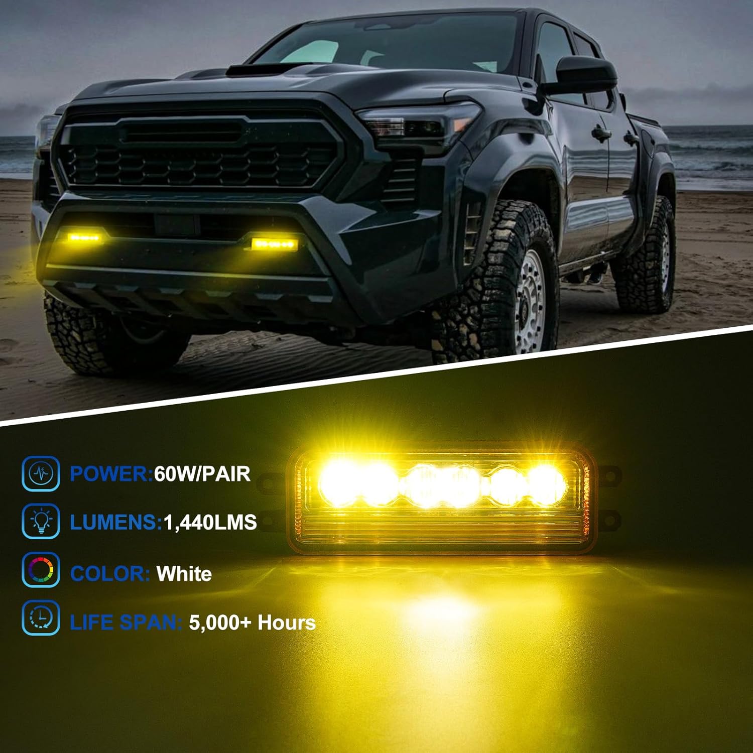 Yellow Fog Lights Fit for 2024-2025 Tacoma, 2025 4Rrunner, 2022-2025 Tundra, 2023-2025 Sequoia, 2 Packs LED SAE Fog lamp, Amber Light Kit