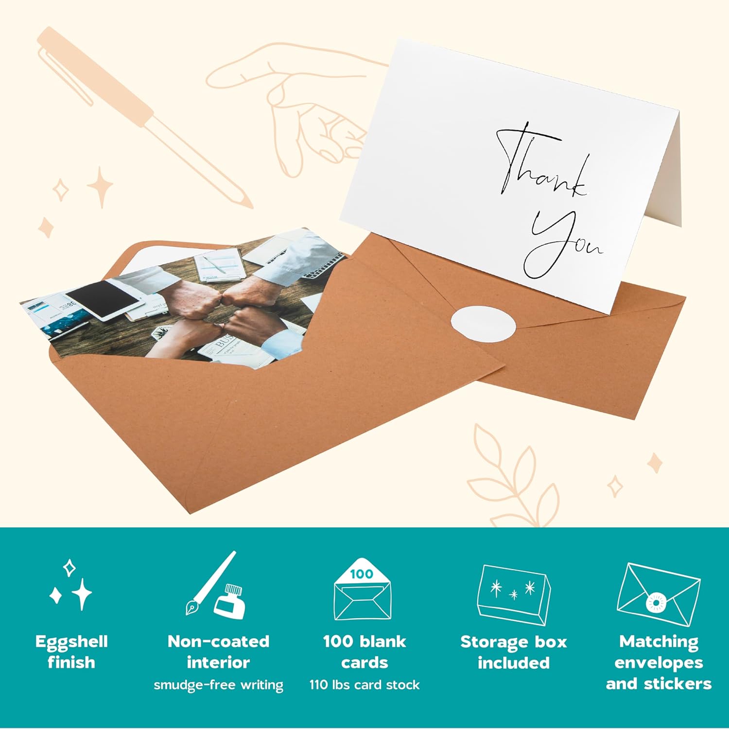 VNS Creations Thank You Cards With Envelopes Bulk Set & Stickers - 100 Pack 4x6 Blank Thank You Notes Bulk Box Set - Large Note Card Small Business, Wedding, Baby Shower & Bridal Shower - White - Image 6