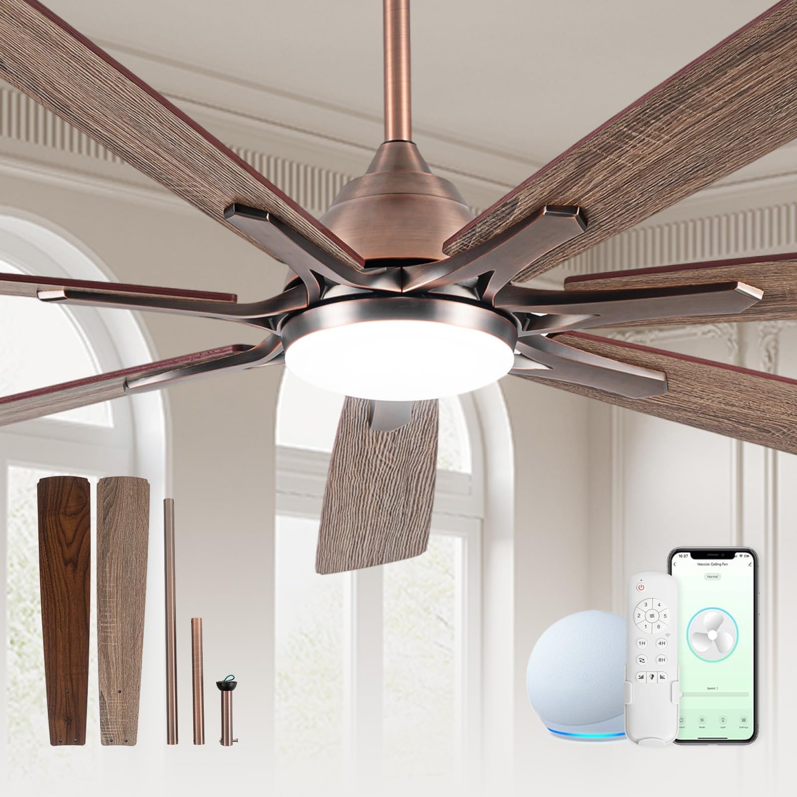 72" Oil Rubbed Bronze Smart Ceiling Fan with Light via WIFI Alexa,6-Speeds Quiet DC Motor,Dimmable,Outdoor Antique Bronze Large ceiling fan for Living Room,Patio,Dual Finish 7 Blades
