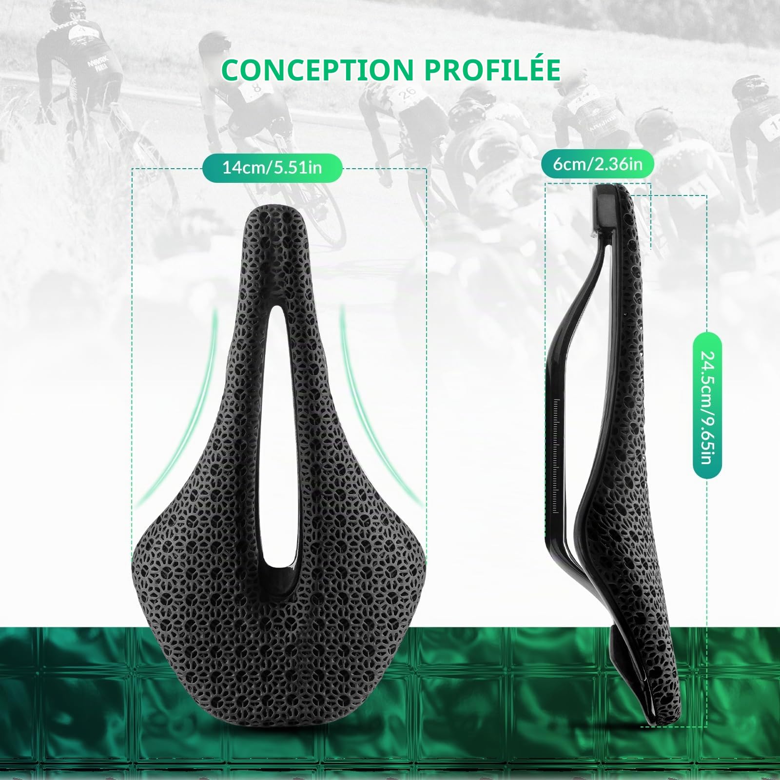 ROCKBROS Selle Imprimé 3D Carbon Vélo Route Antichoc Siège VTT Ergonomique Ultralégér Respirant Structure Réseau Cristallin Vélo Ville Vélo Course BMX Femme Homme Polyuréthane Noir Blanc Vert