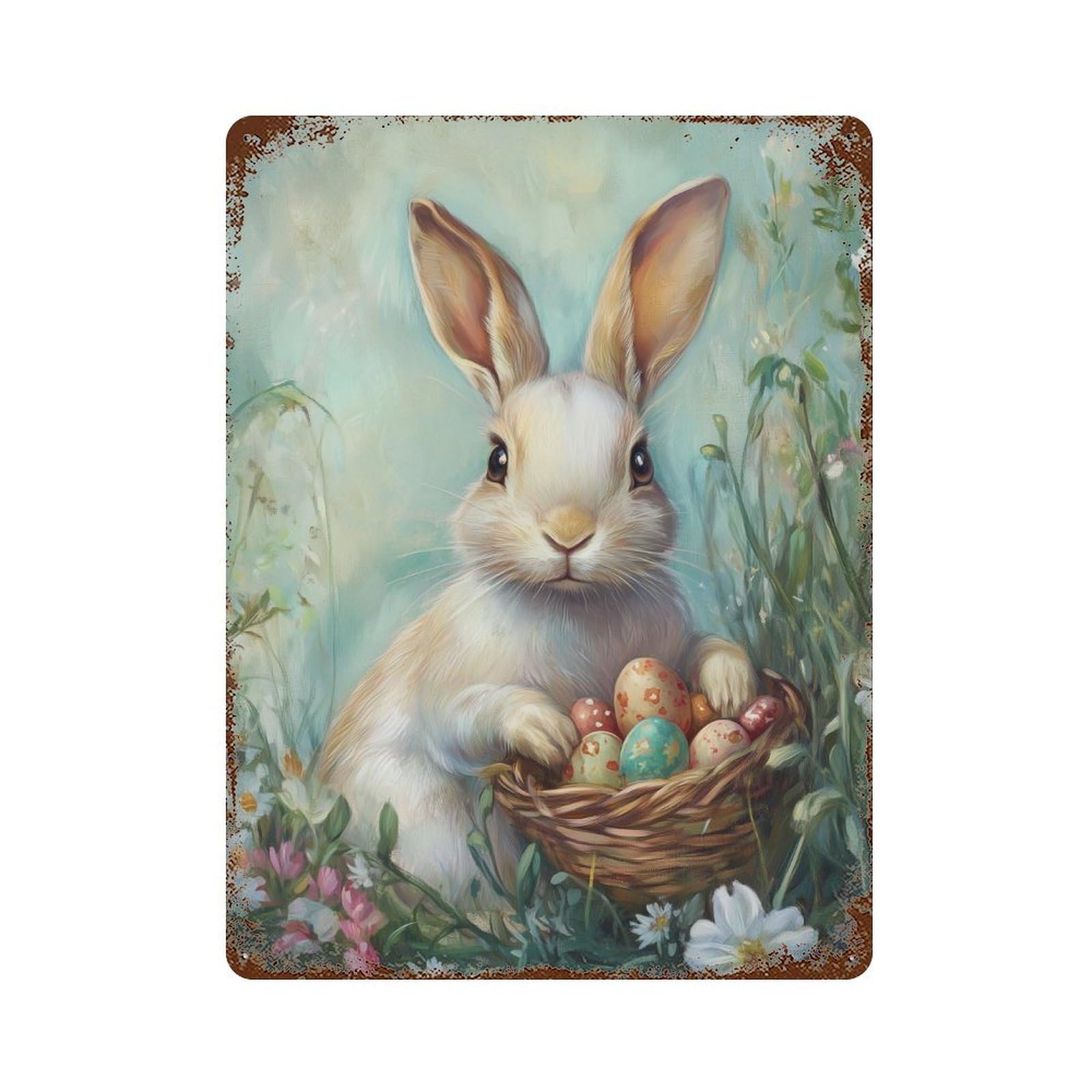 Garage Style Easter Bunny with Basket of Eggs-3 Aged Metal Wall Plaque 15.7"x11.8", Novelty Wall Decor for Bar And Workshop