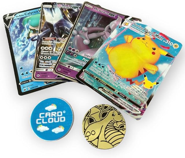 Card Cloud - ULTRA RARE CARDS Bundle, 4x Random Pokemon ULTRA RARE Cards, 1x Game Coin & 1x Pokemon TCG compatible CC Flip Coin