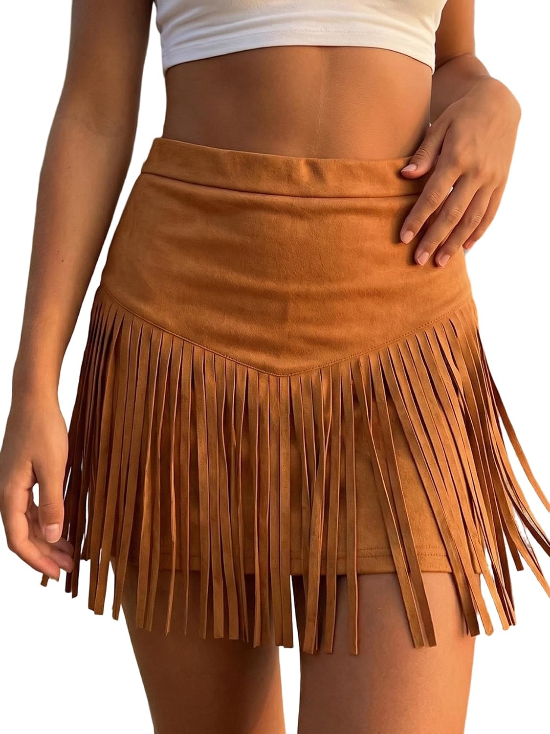 Western Cowgirl Fringe Skirt for Women High Waisted Suede Tassel Skirt Country Concert Rave Festival Bottom