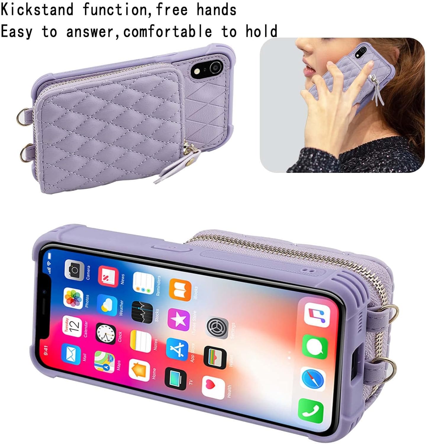 MONASAY Zipper Wallet Case for iPhone XR,[Glass Screen Protector ][RFID Blocking] Flip Leather Handbag Phone Cover with Card Holder and Detachable Crossbody Shoulder Lanyard Strap, Light Purple