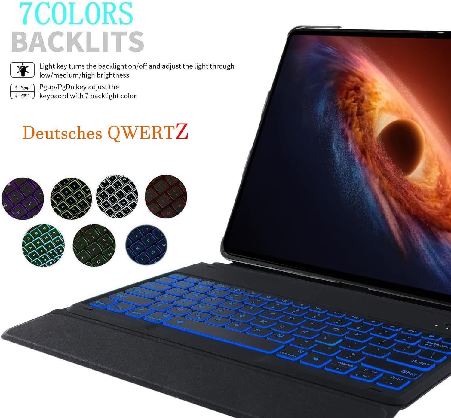 Custodia con tastiera per tablet Honor Magic Pad 4 da 12,3 pollici, QWERTZ tedesco, ultra sottile, con illuminazione a 7 colori, tastiera wireless con custodia protettiva, nera