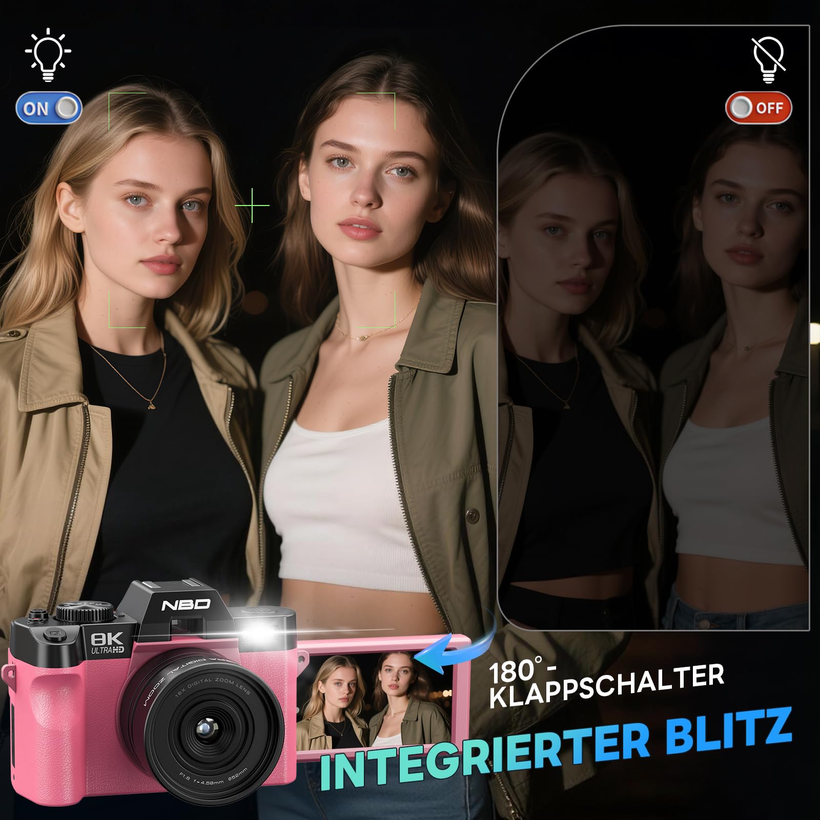 NBD 8K Digitalkamera 64MP Autofokus 16X Zoom 3" 180° Klappdisplay WiFi Weitwinkel Makro Linse 2 Akkus 64GB Karte Mikrofon Rosa