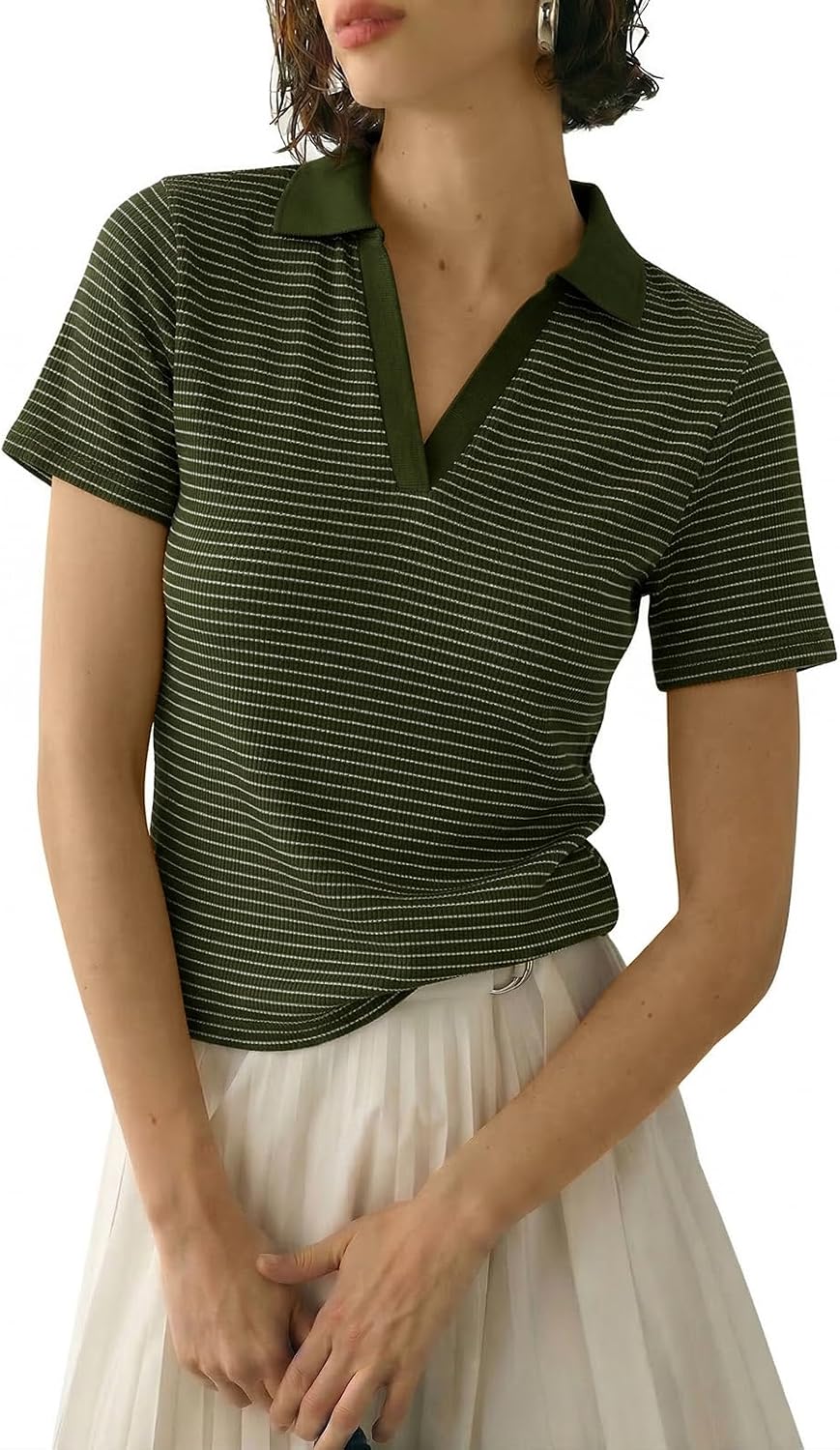 Tankaneo Womens Striped Polo Shirts Summer V Neck Short Sleeve Collared Knit Tops Dressy Casual Textured Blouse