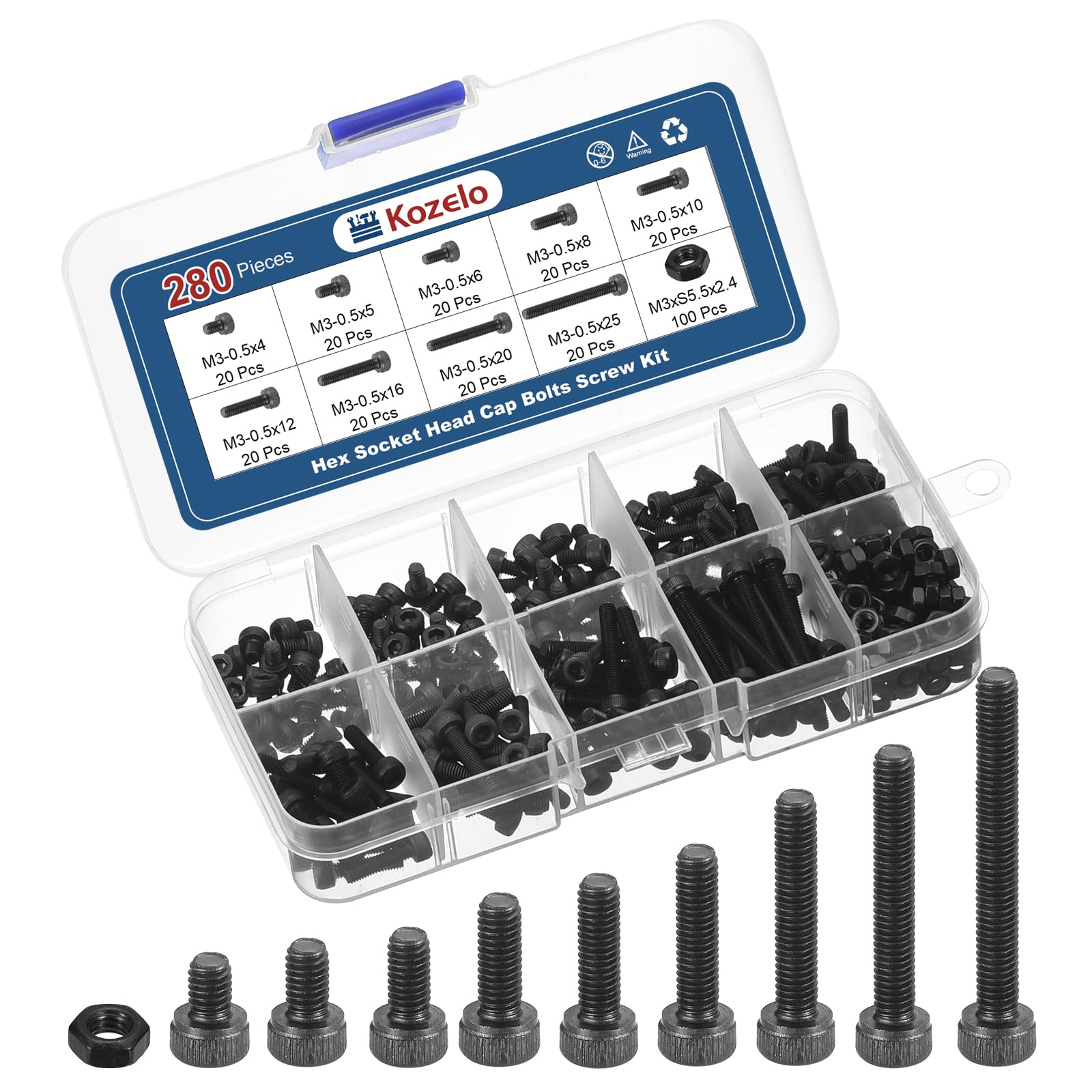Kozelo 280pcs M3 Socket Head Cap Screws Bolts Nuts Assortment Kit - [M3x4/5/6/8/10/12/16/20/25mm] Alloy Steel Fully Threaded Black Oxide 12.9 Internal Hex Screw for 3D Printer Use