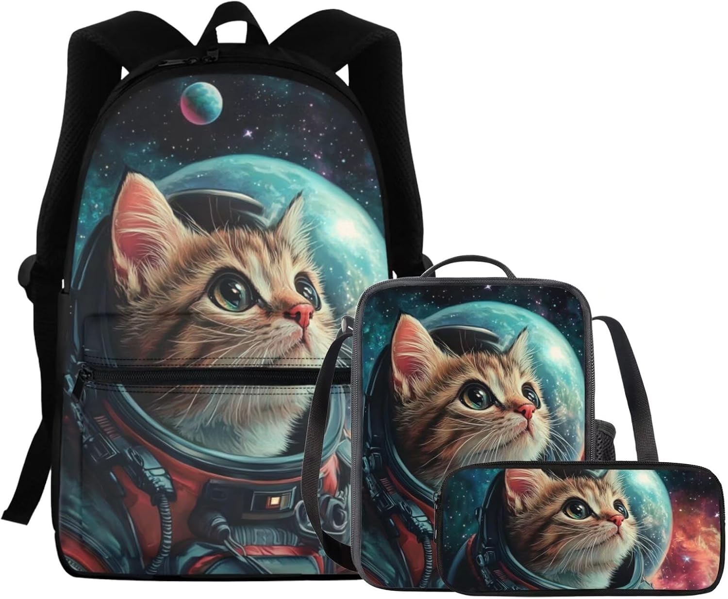 Kids Space Cat Pattern Backpack with Pencil Case and Lunch Box Teen Boys Large Capacity Backpacks for Preschool School Bag Set Cool School Supplies for Boys