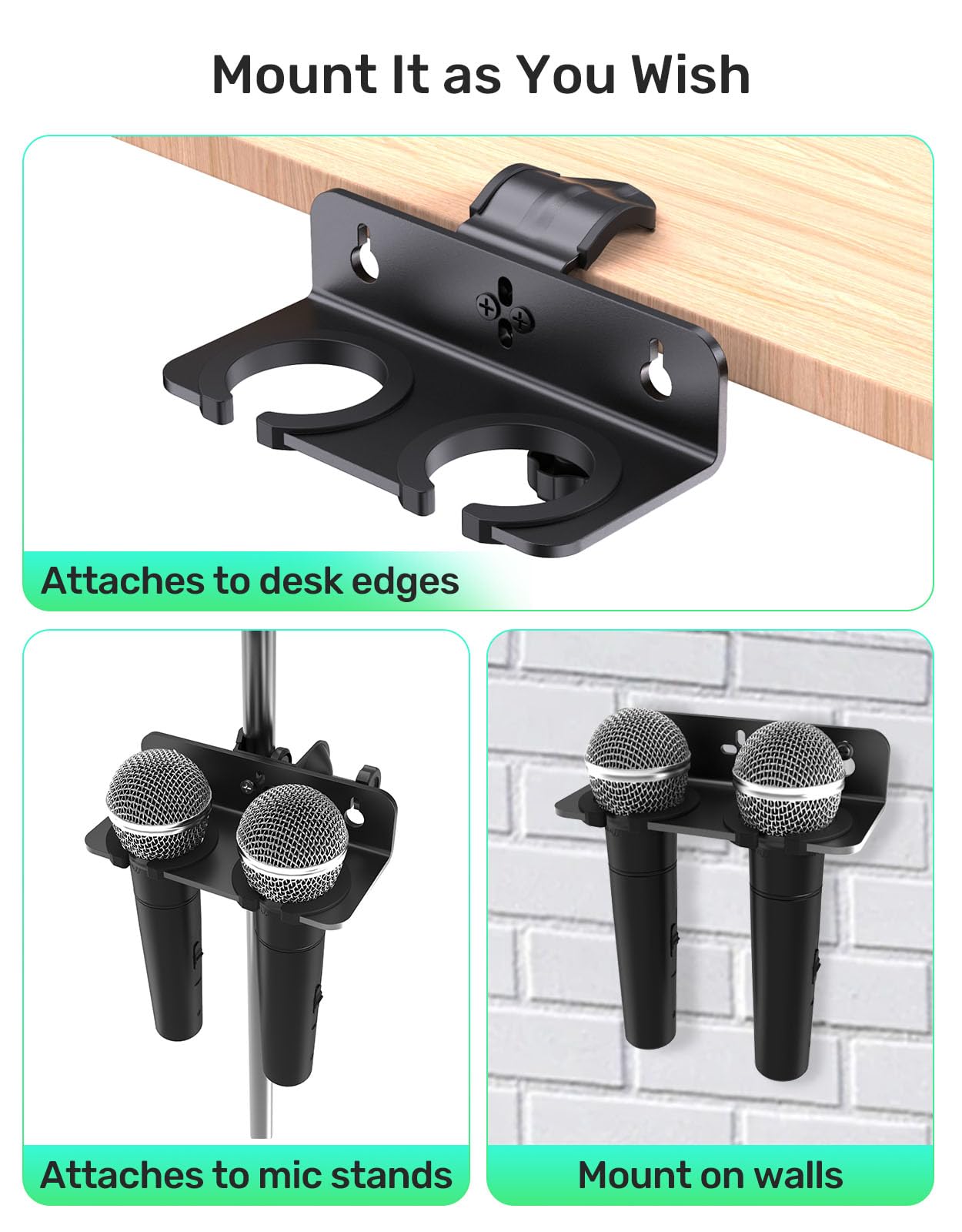 Soporte de micrófono, soporte inalámbrico para micrófono montado en la pared, clip de gancho doble, soporte de soporte de soporte con tornillos, accesorios de micrófono