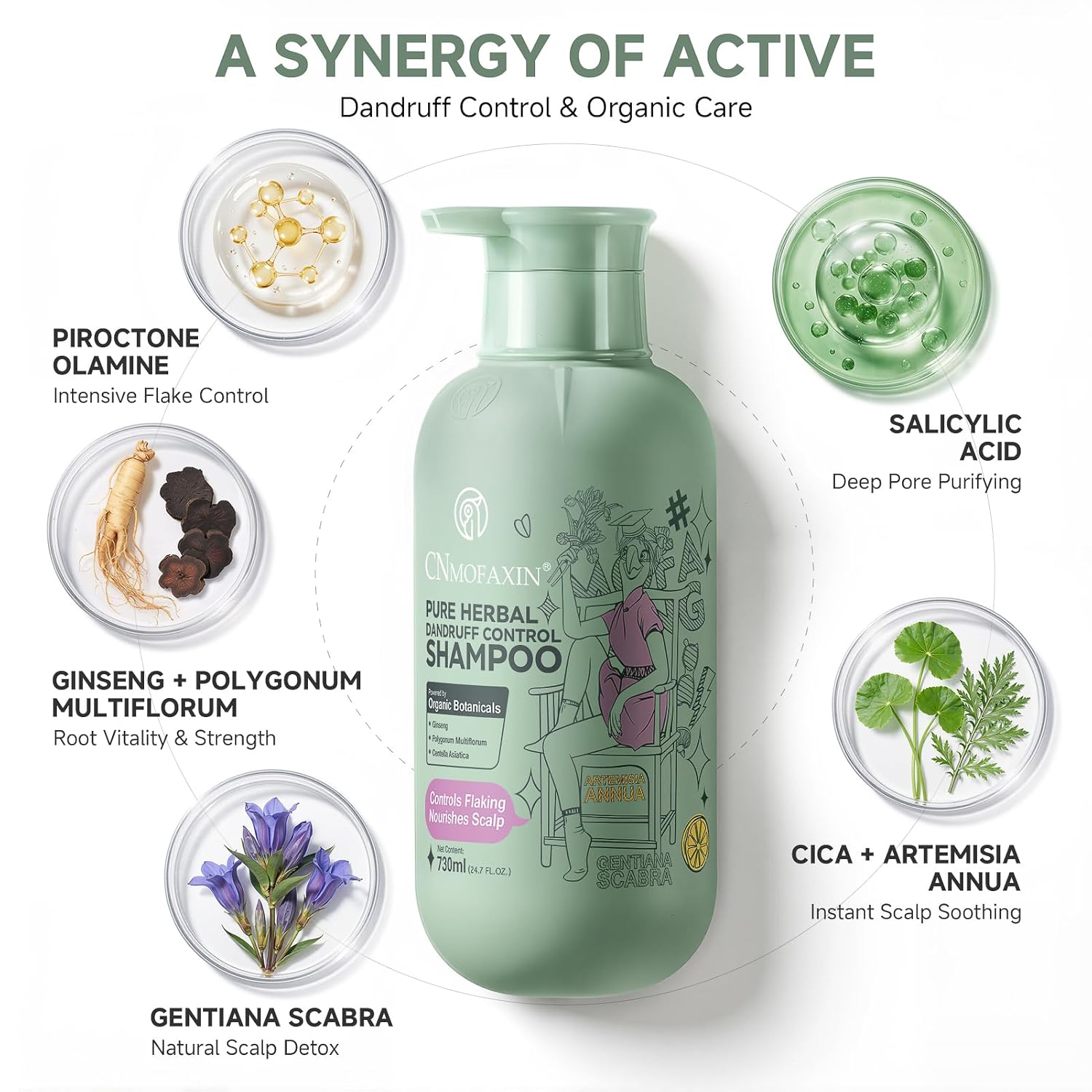 Anti Dandruff Shampoo with Salicylic Acid & Piroctone Olamine, Advanced Itch Relief for Flaky Scalp & Buildup, Soothing Ginseng & Cica, Clarifying & Volumizing for Oily Hair, 24.7 fl oz