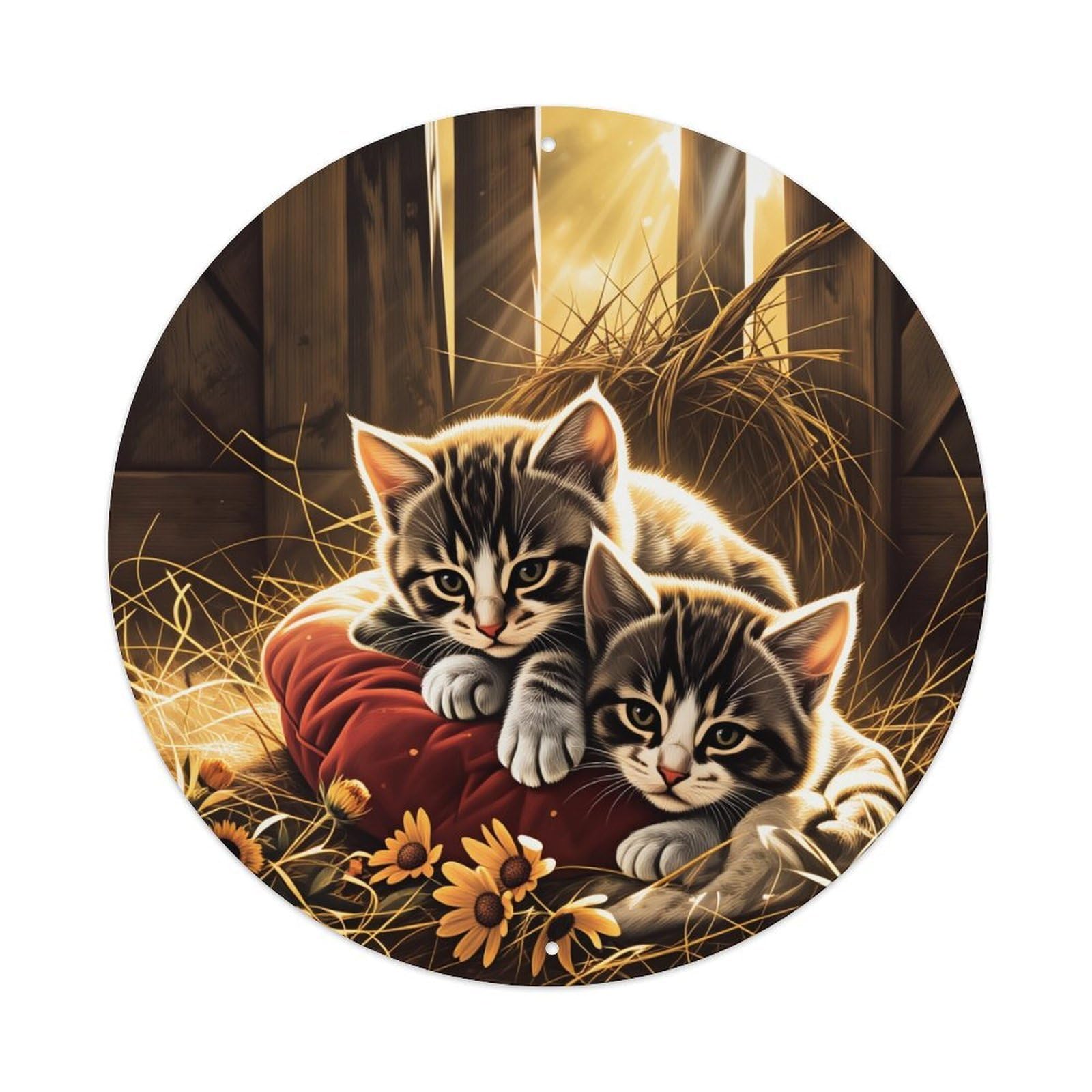 Cute Kitten Sunlight Hay Flowers Round Tin Sign Vintage Style Metal Sign Home Bar Garden Wall Plaque Decor Metal Poster 8x8 Inch