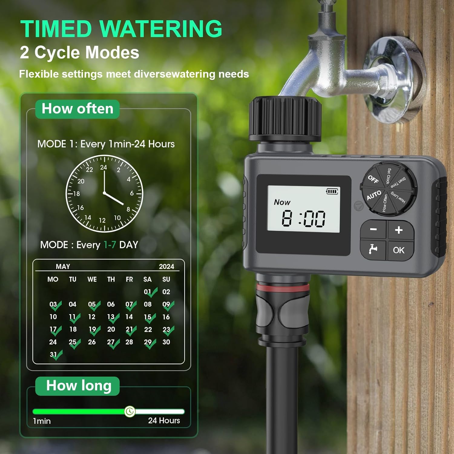 Insoma Water Timer display showing timed watering settings for frequency and duration