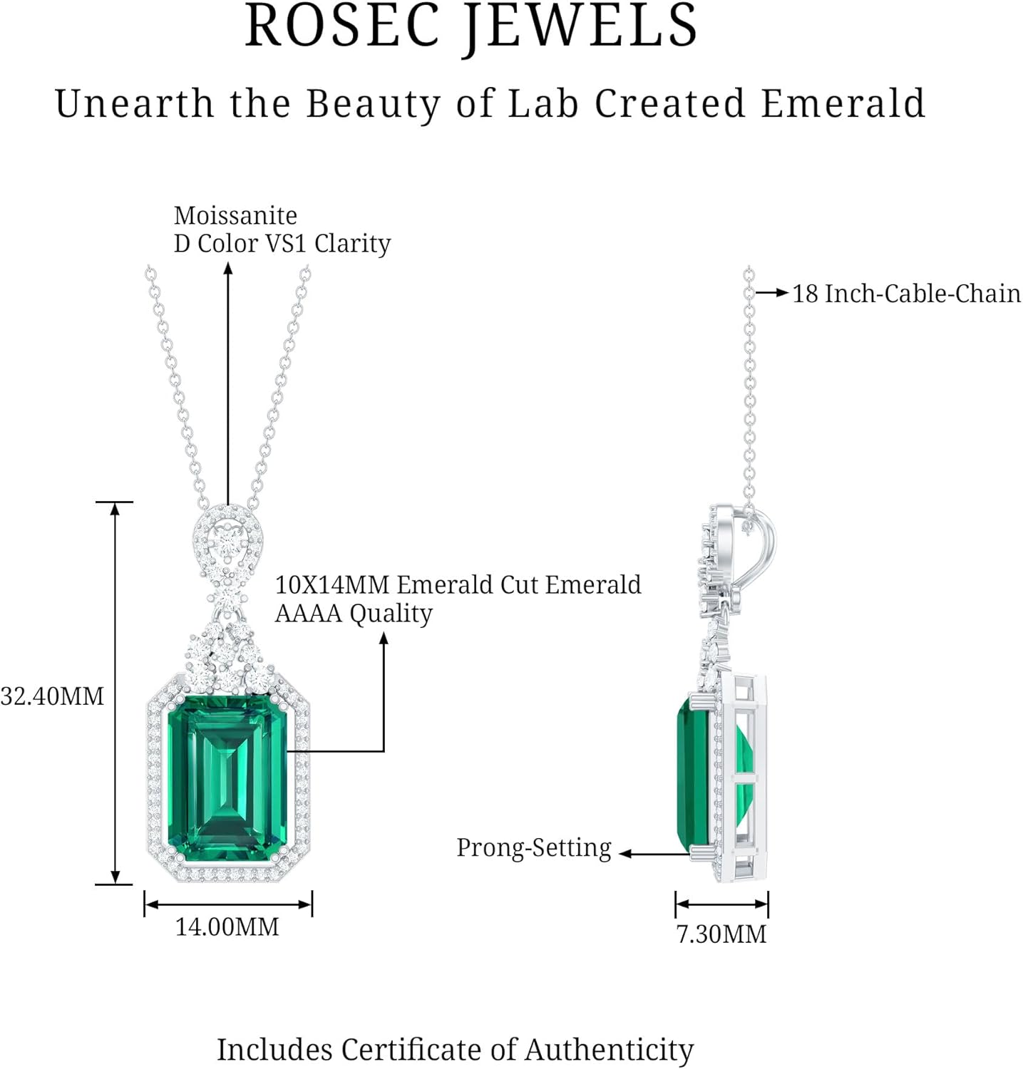 Certified 8 Carat Lab Grown Emerald Vintage Necklace With Silver Chain, Aaaa Quality - Gift For Special Occasions