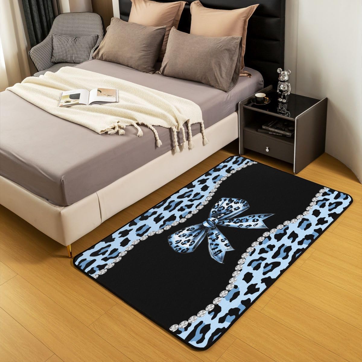 Castle Fairy African Cheetah Bow Area Rug,Leopard Coquette Bowknot Non Slip Rug for Teens Adults,Blue Black Modern Fashion Indoor Floor Mat for Housewarming Couch 3'x5'