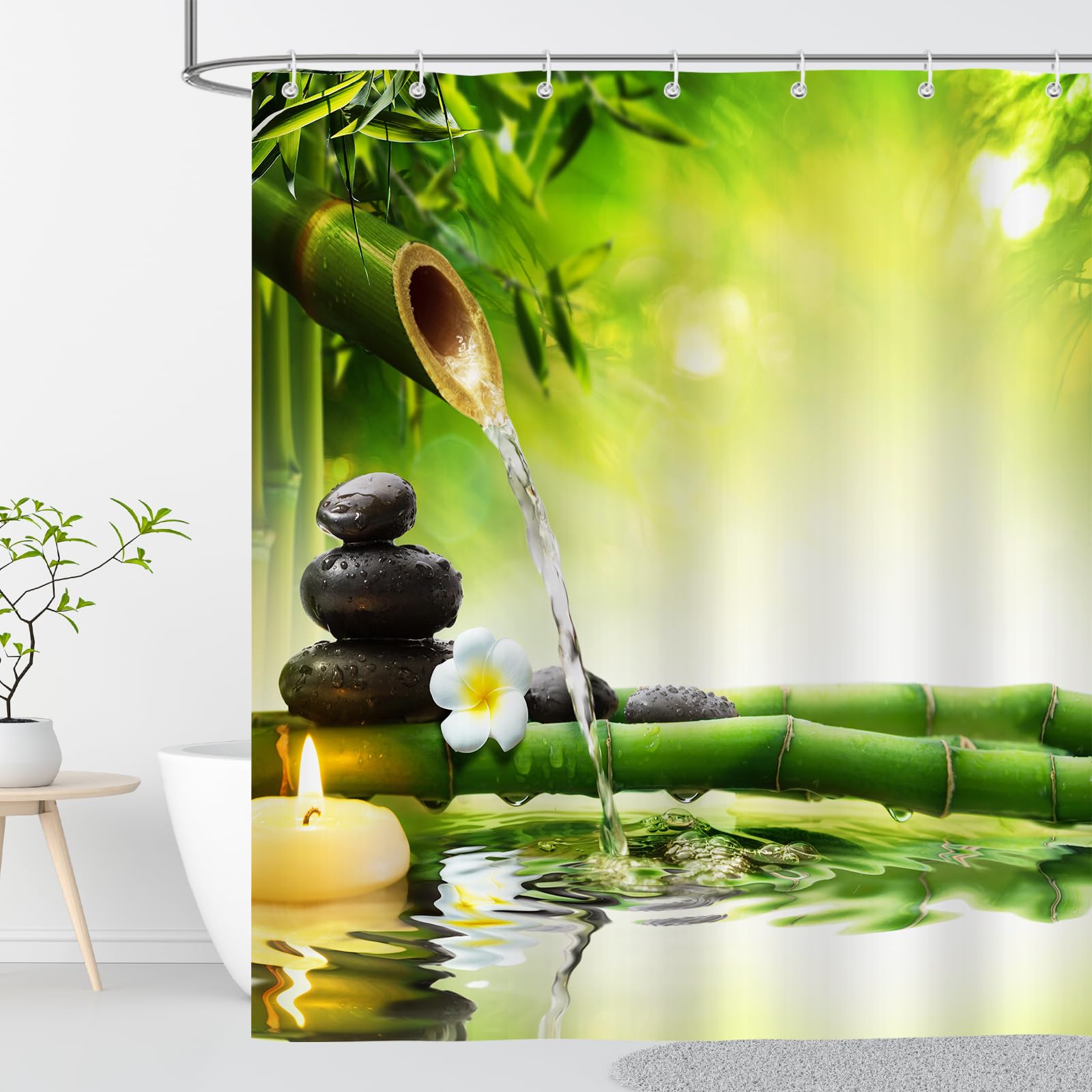 OCEUMACO Zen Extra Long/Wide Shower Curtain Anti Mould Proof Resistant 240x200 cm Drop Yellow Green Bamboo Bath Shower Curtains for Bathroom Wet Room Waterproof Washable Fabric with Hooks โ image 1