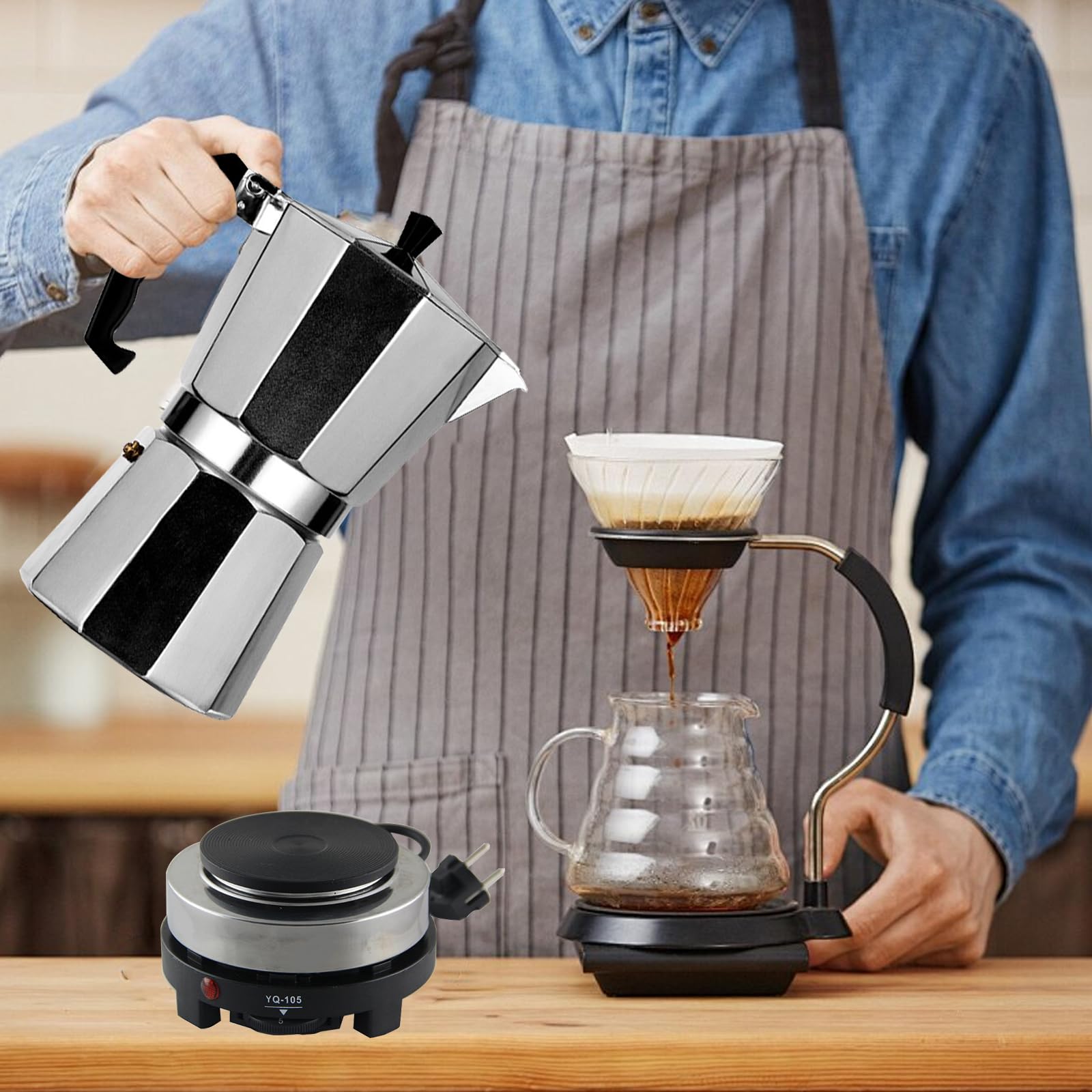 Cafetière Électrique Italienne pour 6 Tasses, 300 ml Cafetière Électrique Italienne d' Expresso avec Mini Plaque Chauffante, Portable Cafetières Moka en Aluminium, Cadeau pour Maison et Voyages