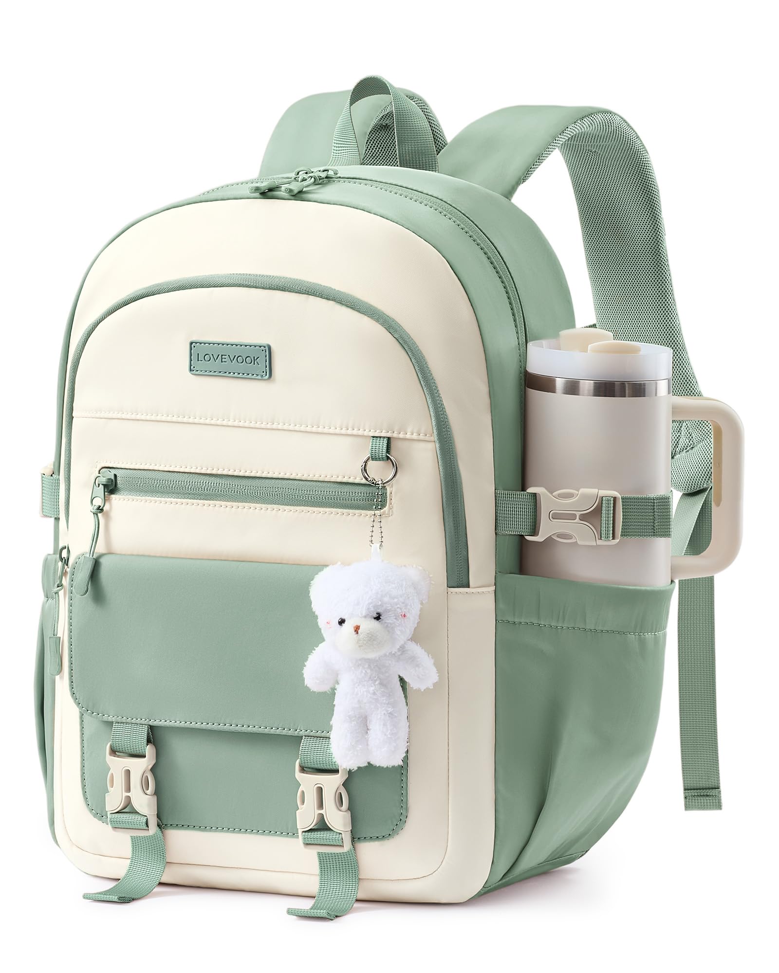 LOVEVOOK Schulrucksack Teenager Mädchen, 30L Großer Schulranzen Grundschule 5.Klasse, 15,6 Zoll Laptop Schultasche Damen Wasserdicht, Kawaii School Bag for Girls Backpack Women für Schule, Beige Grün