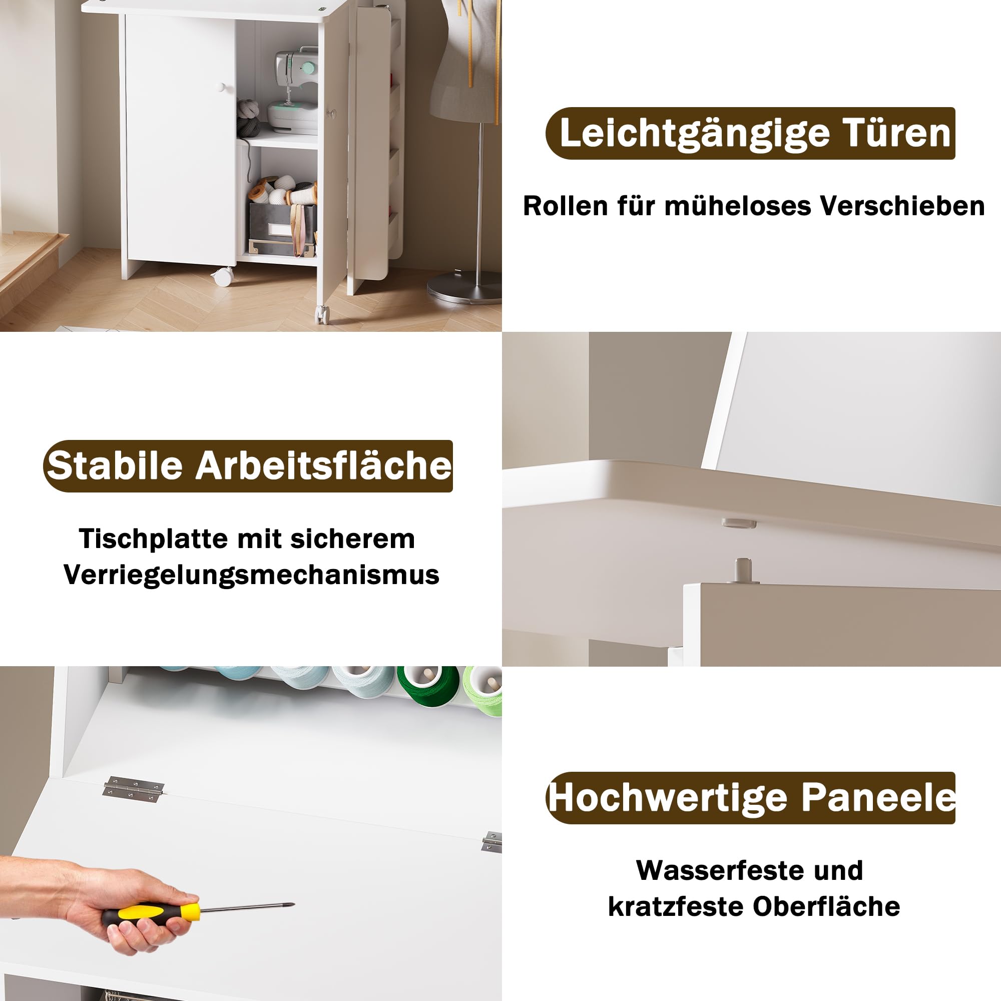 LED Nähtisch klappbar mit 33-Fach Garnhalter & 2 Steckdosen, USB+Typ-C Nähmaschinenschrank mit viel Stauraum, Mobiler Nähmaschinentisch auf Rollen, Platzsparender Basteltisch für Nähzubehör