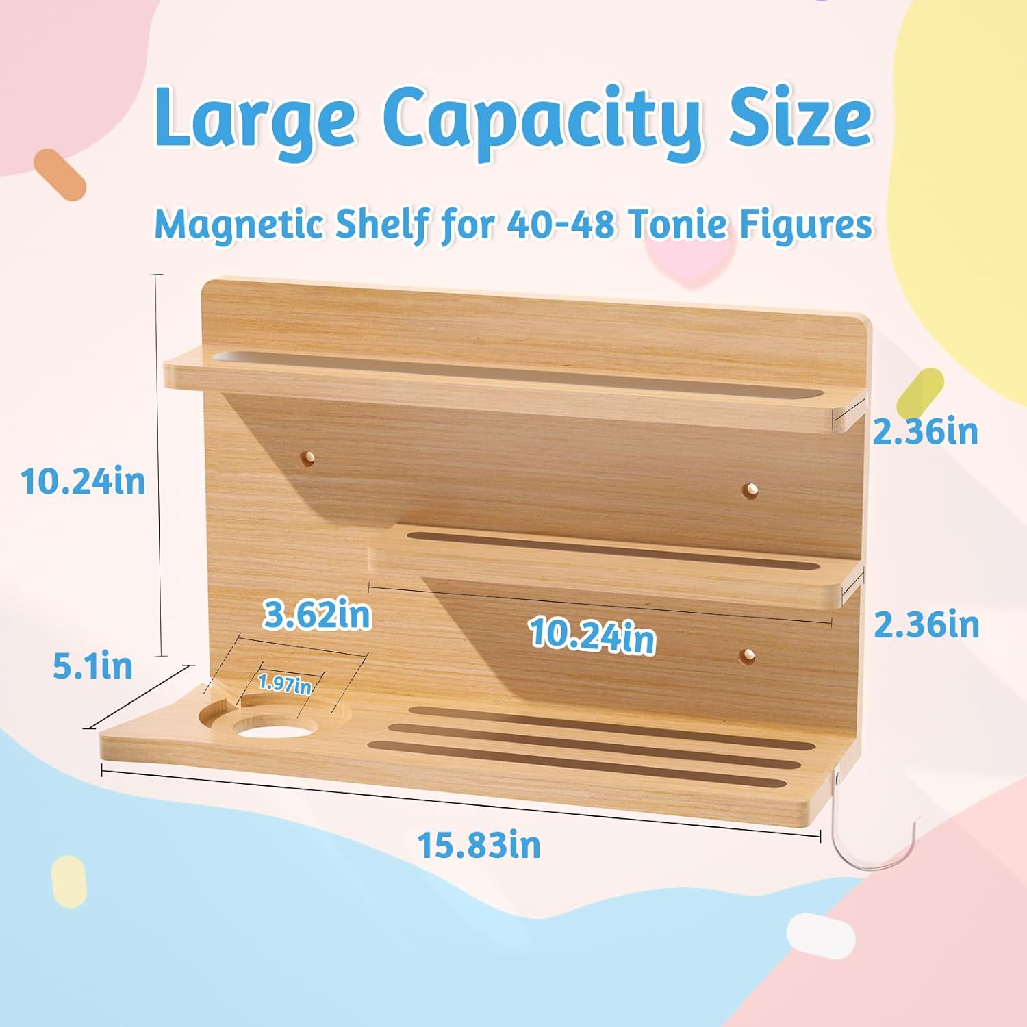 for Tonies Shelf Magnetic - Tonies Figure Organizer for Kids Room, Wooden Magnetic Display Shelf for Tonies Box Holder, Wall Floating Shelves Toy Storage Compatible Charging Station (3 Tier, Wood)