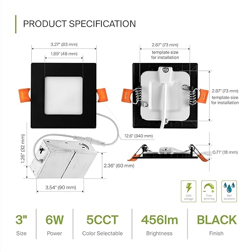 Miniatura 10 de ASD Iluminación empotrable LED cuadrada ultrafina de 6 pulgadas, bronce aceitado, 5 CCT 2700K-5000K 15W 60W Eqv 1197Lm, luz descendente cuadrada de