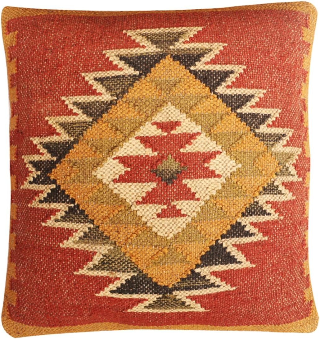 Kilim Pillow Cover Set of 4, 18 x 18 inches Wool Jute Cushion Cover, Handwoven Boho Vintage Decorative Throw Pilllow Case for Living Room & Bedrooms (Pattern_02)
