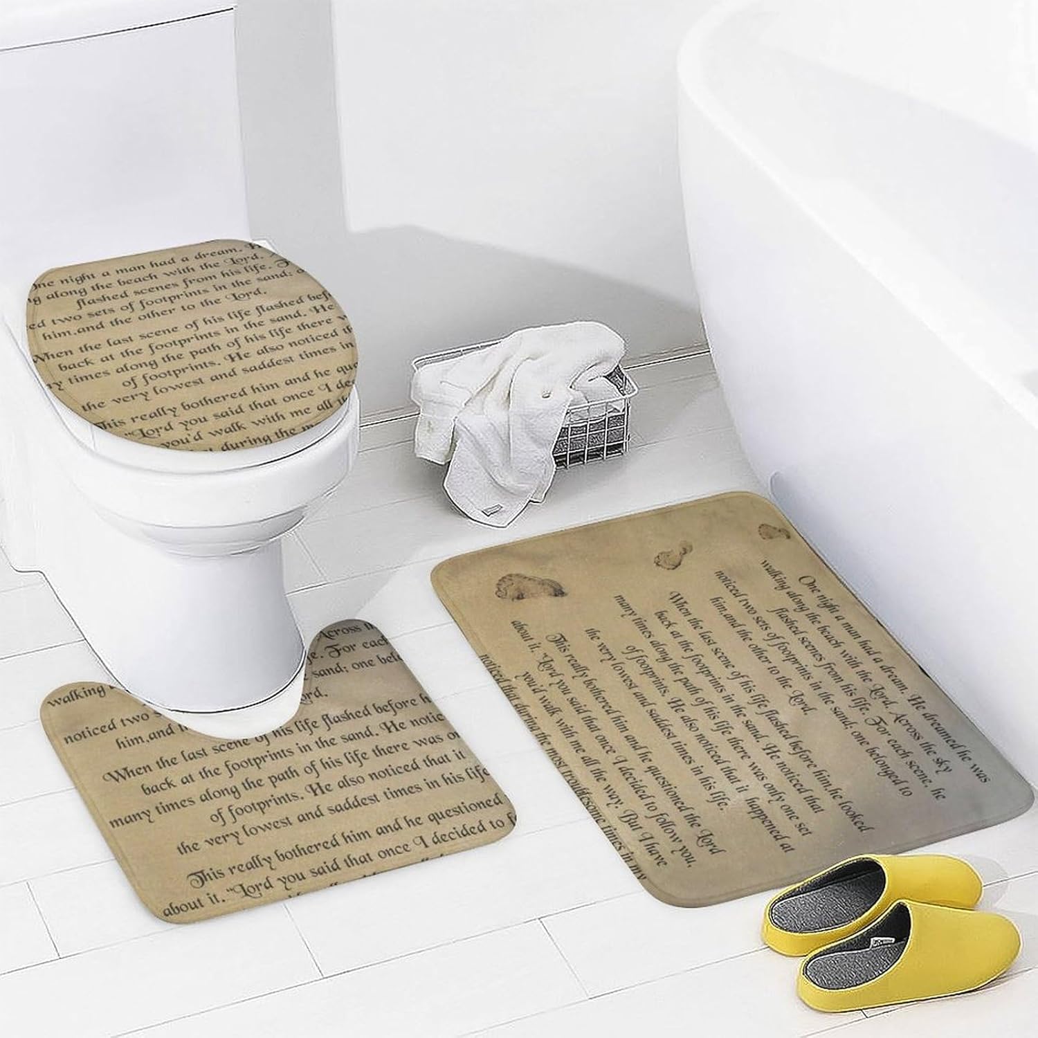 FootprintsinThe Sand Poem 4Piece Bathroom Set with Coral Fleece Mats, Toilet Lid Cover and Waterproof Oxford Cloth Shower Curtain for Home Bathroom, Guest Room and More