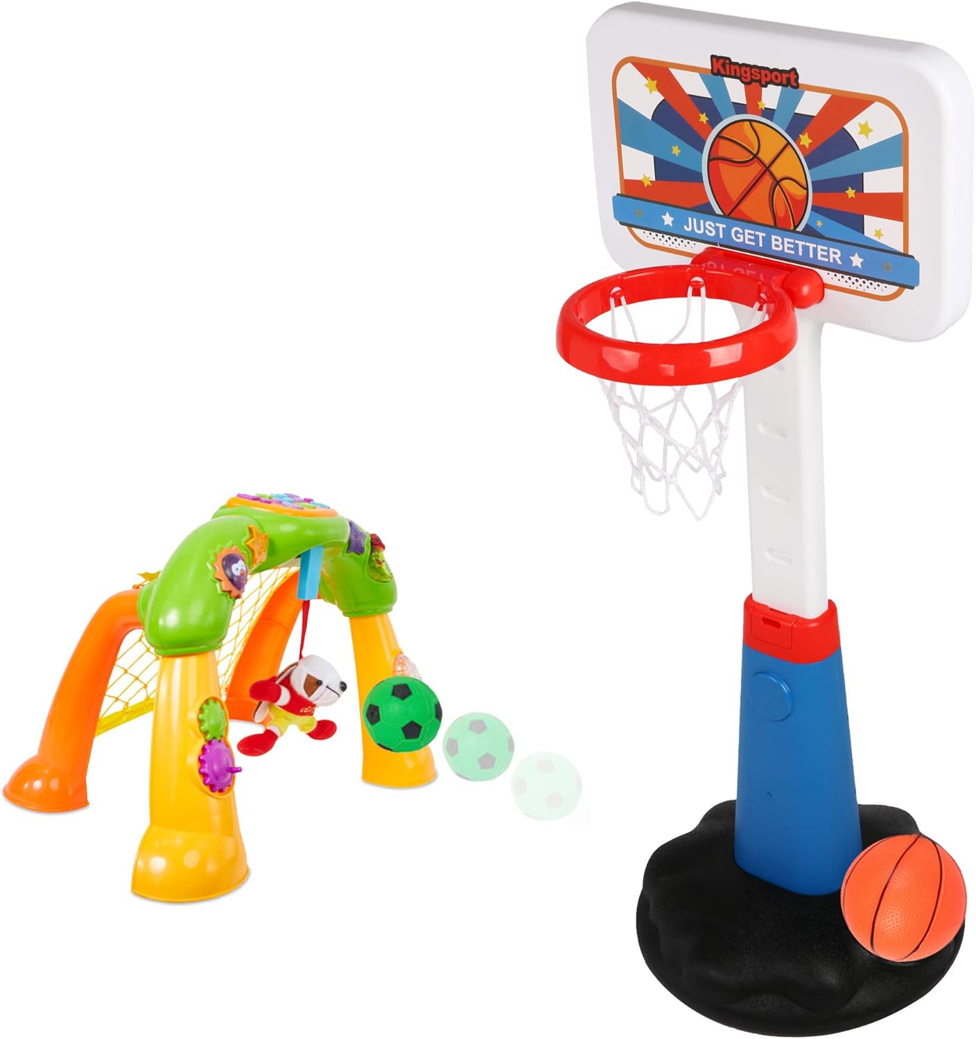 COLOR TREE Kids Basketball Hoop + Soccer Goal Toys for Toddlers Indoor and Outdoor Height Adjustable Easy Score Basketball Goal Set Basketball Stand, Easy to Assemble