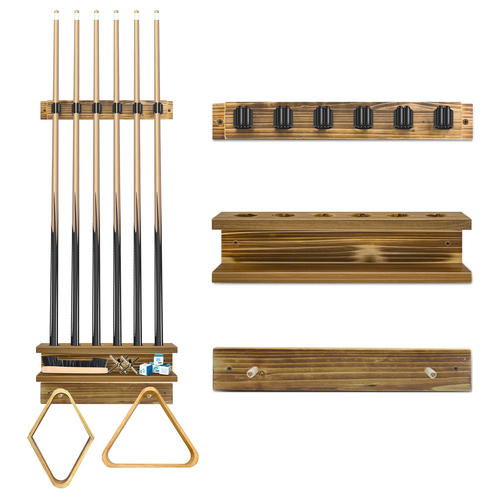 Giassvio Pool Stick Holder Wall Mount – 6 Cue Rack & Billiards Accessories, Rustic Charcoal-Brown Style