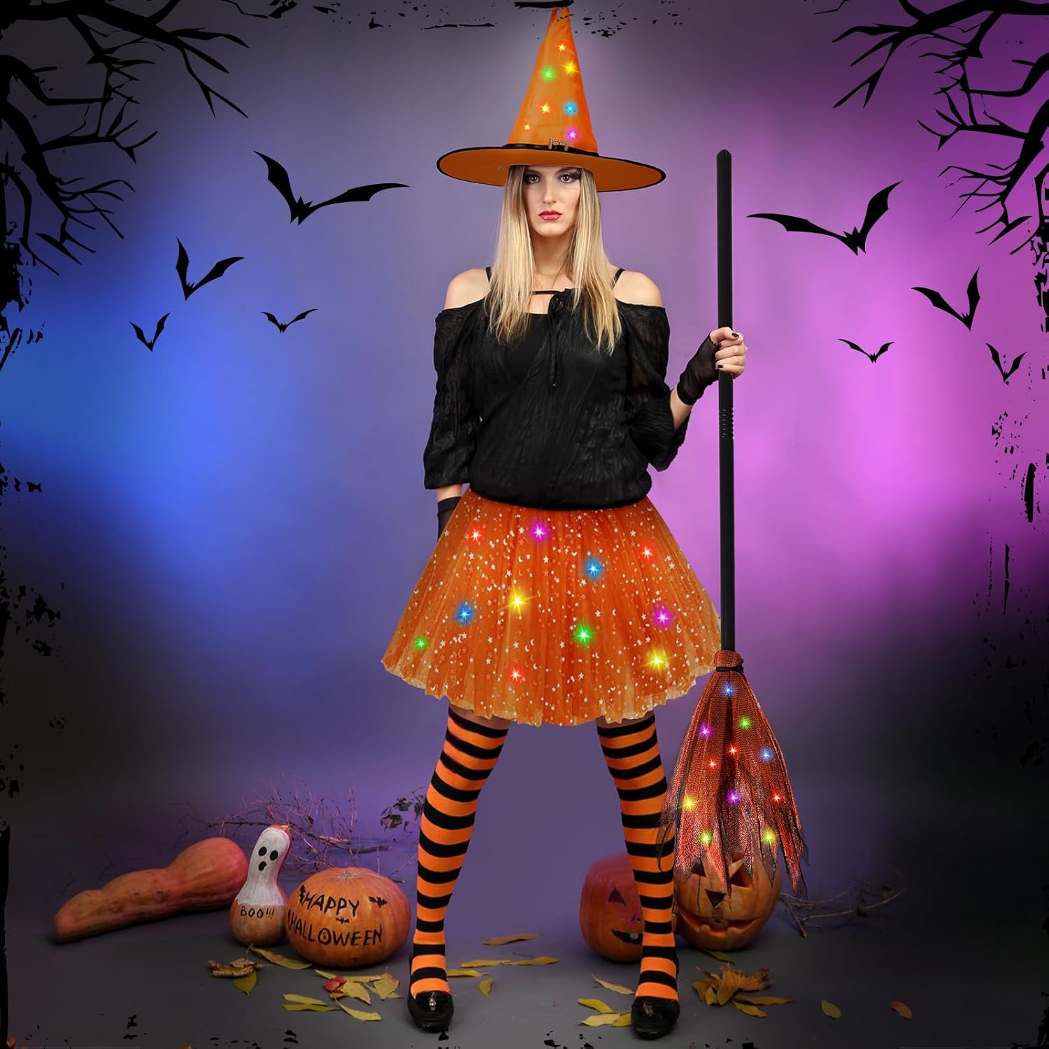 3 Set Halloween LED Costume for Women Include Lighted Tutu Skirts Light up Witch Hats LED Plastic Witch Broomstick Striped Knee High Socks for Women Cosplay Party