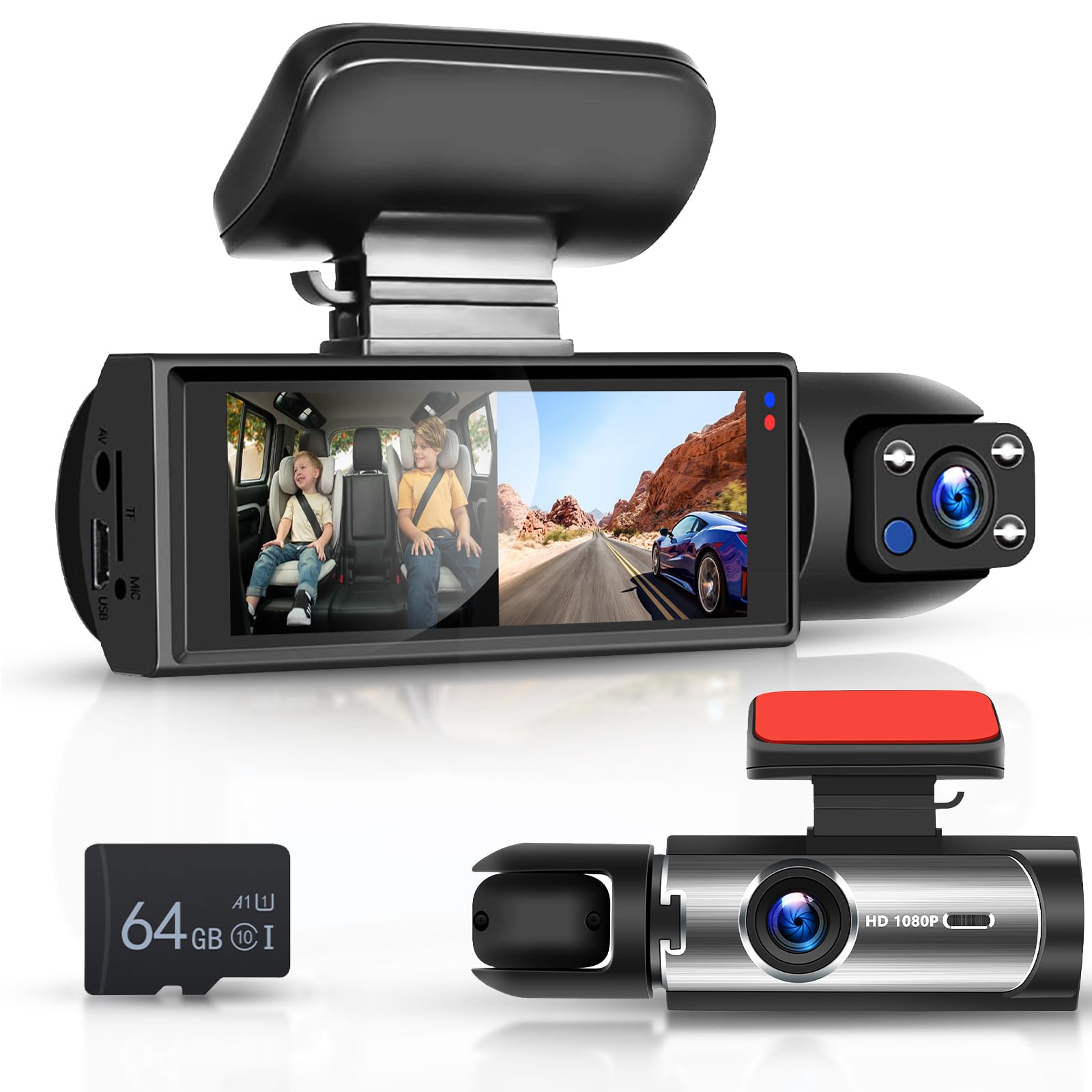 Dash Cam Avant et Interieur pour Voitures, FHD 1080P Camera Embarquée Voiture 3,16” IPS Dashcam, G-Capteur, Mode Parking, Enregistrement en Boucle, Caméra Voiture Vision Nocturne Carte SD 64G Hodozzy