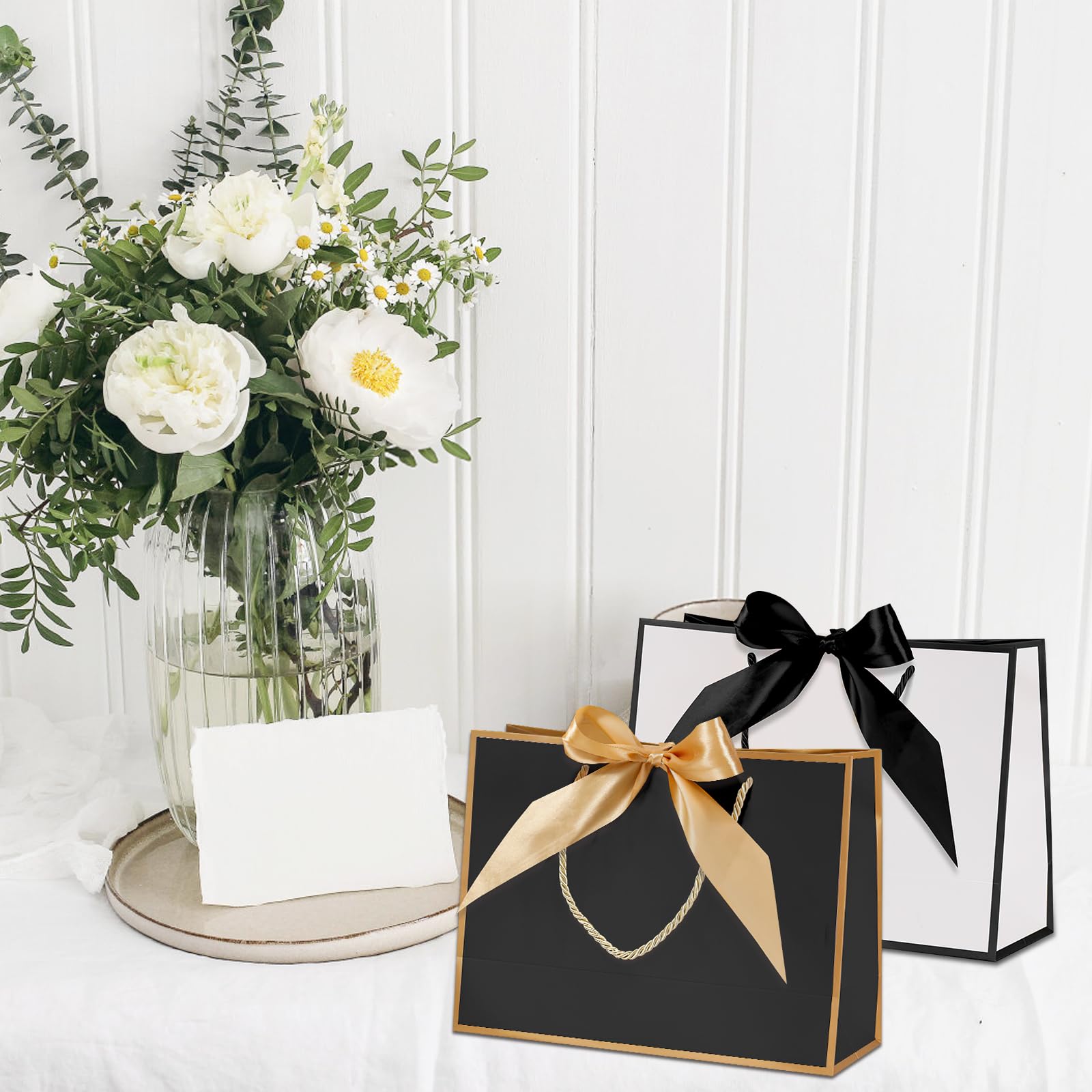 10 Pièces Grand Sac Cadeau Avec Ruban Doré, 32Cm X 25Cm X 11Cm Sacs De Fête En Papier Sacs D