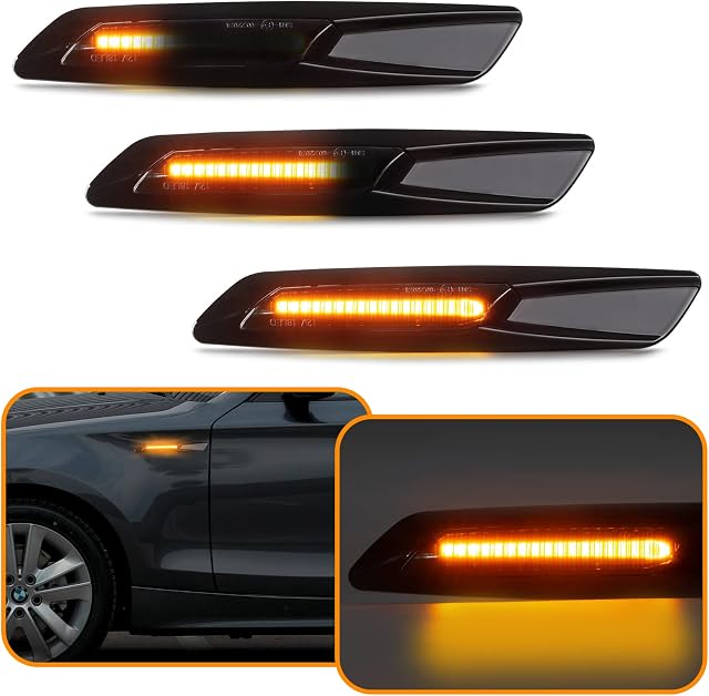 OZ-LAMPE Side Indicator for BMW E81 E82 E87 E88 E90 E91 E92 E93 E60 E61 E84 E83, 18 SMD Amber Dynamic LED Side Marker, Turn Signal Light with Canbus Error Free Black Smoked Lens