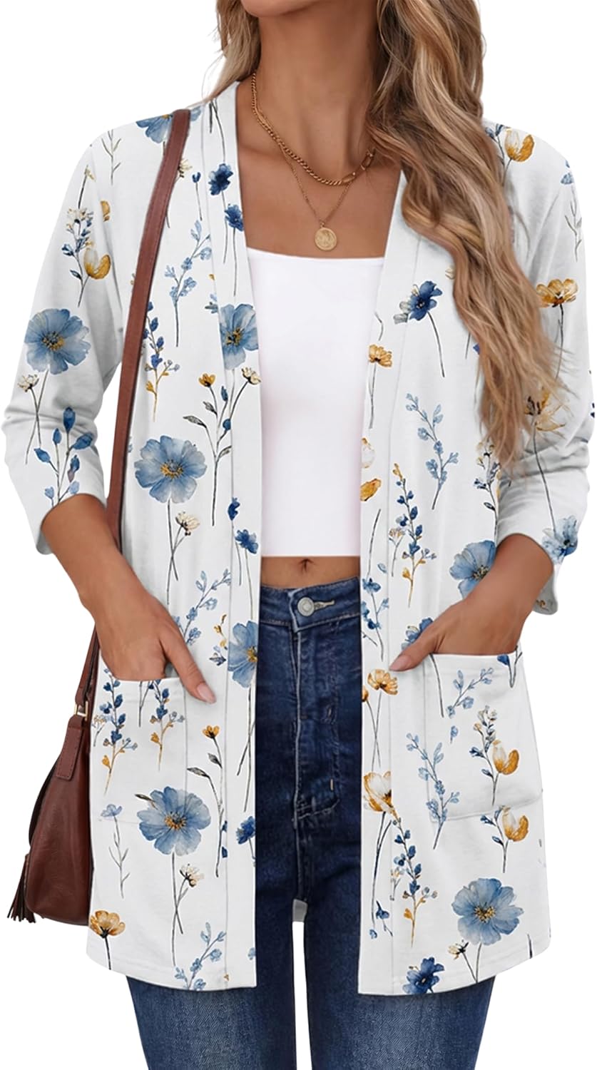 Zeagoo Women's Casual Lightweight Cardigan 3/4 Sleeve Open Front Loose Thin Cardigans with Pockets